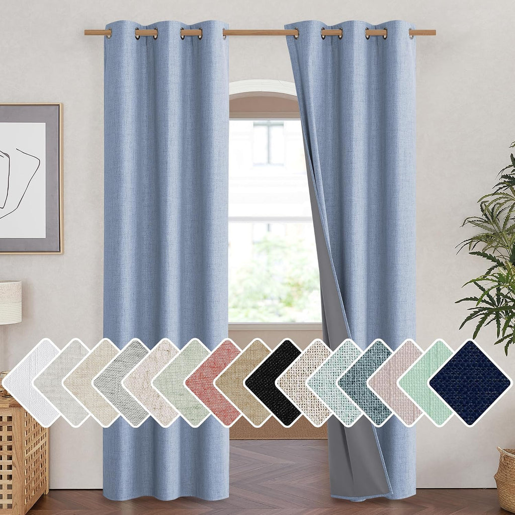 NICETOWN Stone Blue Vintage Linen 100% Blackout Curtains for Living Room, Thermal Insulated Curtains 90" Long, Noise Reducing Window…