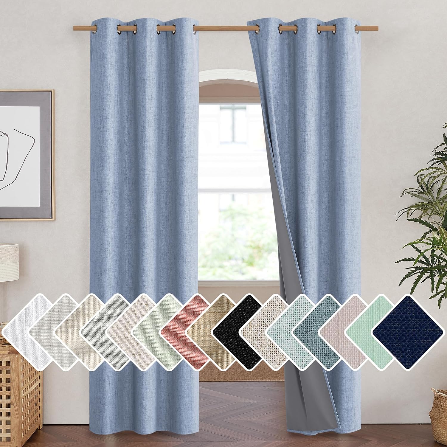NICETOWN Stone Blue Vintage Linen 100% Blackout Curtains for Living Room, Thermal Insulated Curtains 90" Long, Noise Reducing Window…
