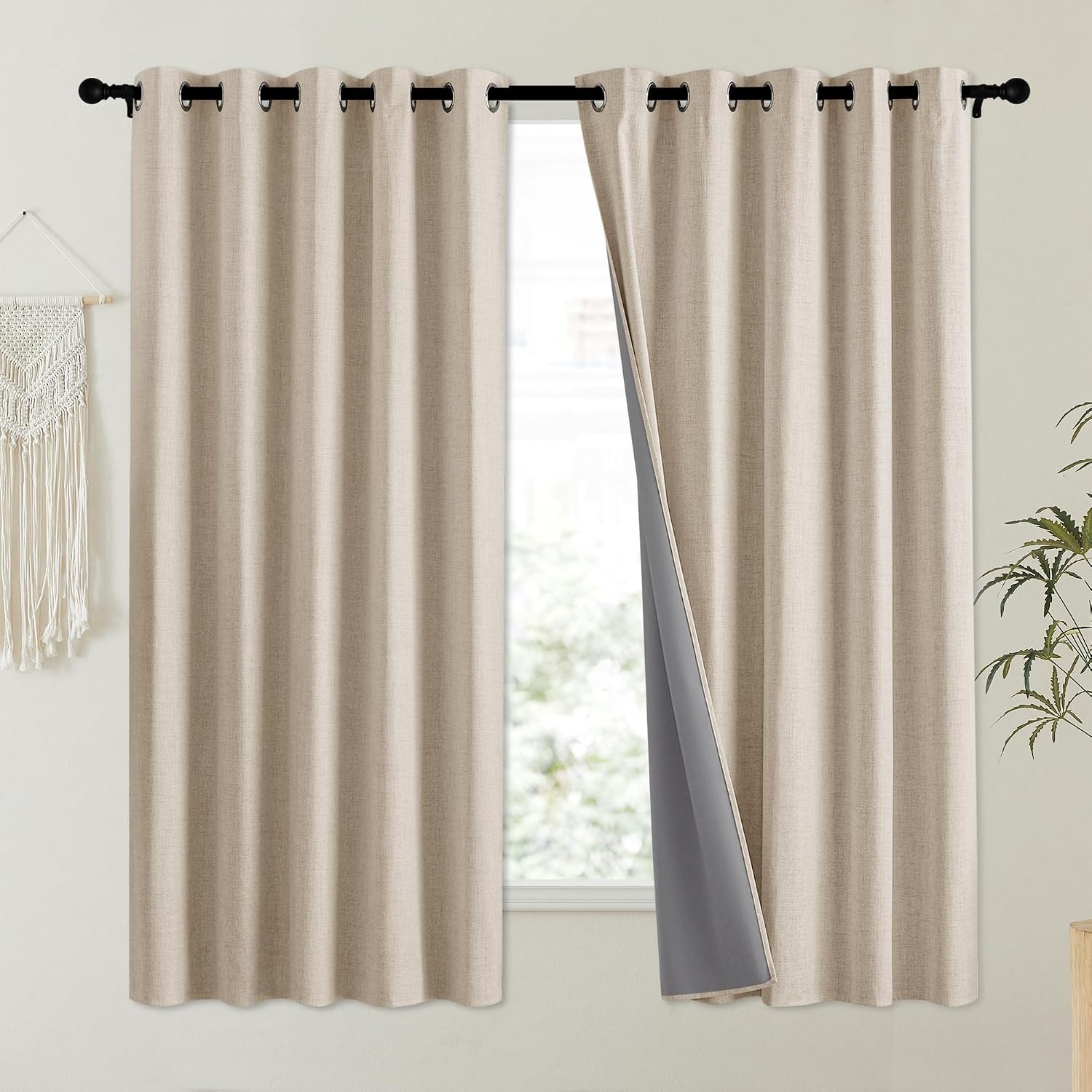 NICETOWN Oatmeal Vintage Open Linen Weave Flax Thermal Curtains, 100% Blackout Curtains 63" Long for Dining Room, Soundproof Window…