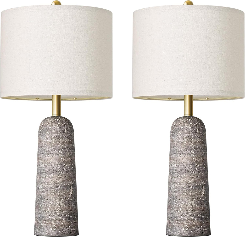 BOBOMOMO 27.25" Modern Table Lamp Set of 2, Light Grey Resin Table Lamps with Stone Look, Lamps for Living Room with Linen Shades…