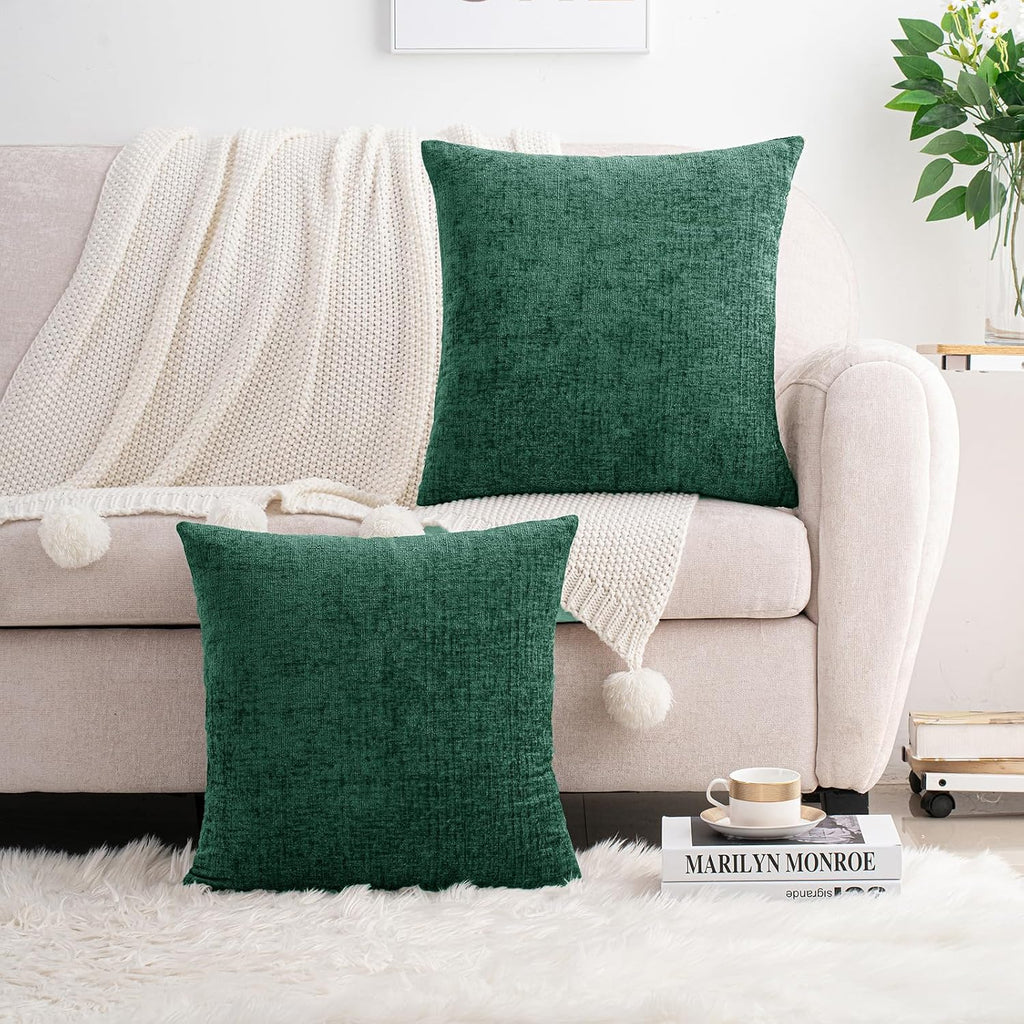 Hwy50 HWY 50 Dark Green Couch Pillow Covers 20x20 Inch Pack of 2, Soft Chenille Decorative Throw Pillow Cases Farmhouse for Sofa Living Roo…