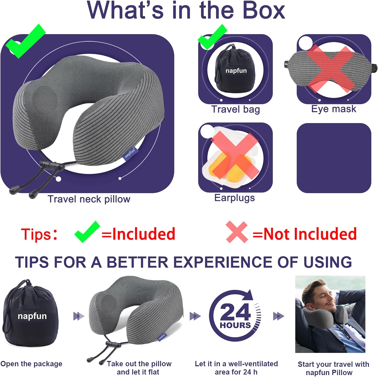 napfun Neck Pillow for Traveling, Upgraded Travel Neck Pillow for Airplane 100% Pure Memory Foam Travel Pillow for Flight Headrest Sleep…