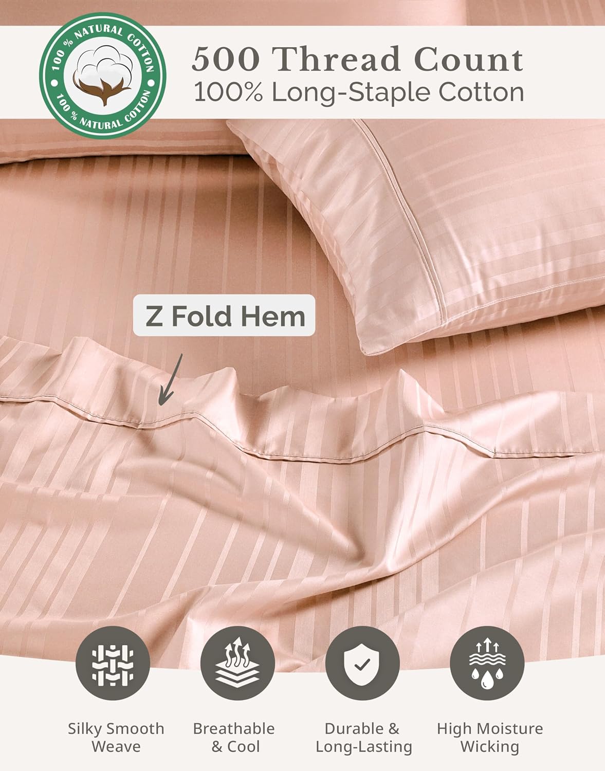 Casa Platino 100% Cotton Sheets King Size Set - 6 Pcs (1 Flat, 1 Fitted, 4 Pillowcases) - Striped 500 TC - Ultra Smooth Sateen Weave Bed…
