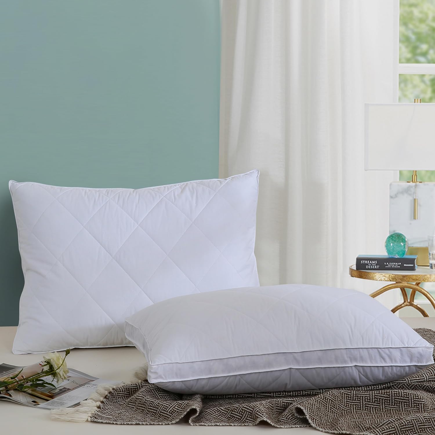 Three Geese Pack of 2 White Goose Feather Polyester Bed Pillows Queen/Standard Size- Soft 600 Thread Count 100% Cotton, Medium Firm, Soft…