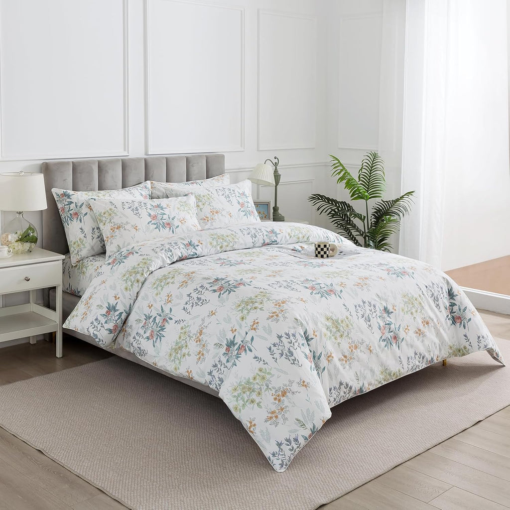Puralens White Queen Floral Duvet Cover, Shabby Leaf Chic 100% Cotton Percale Duvet Cover Set with Zipper, Flower Patterned Farmhouse Toile…
