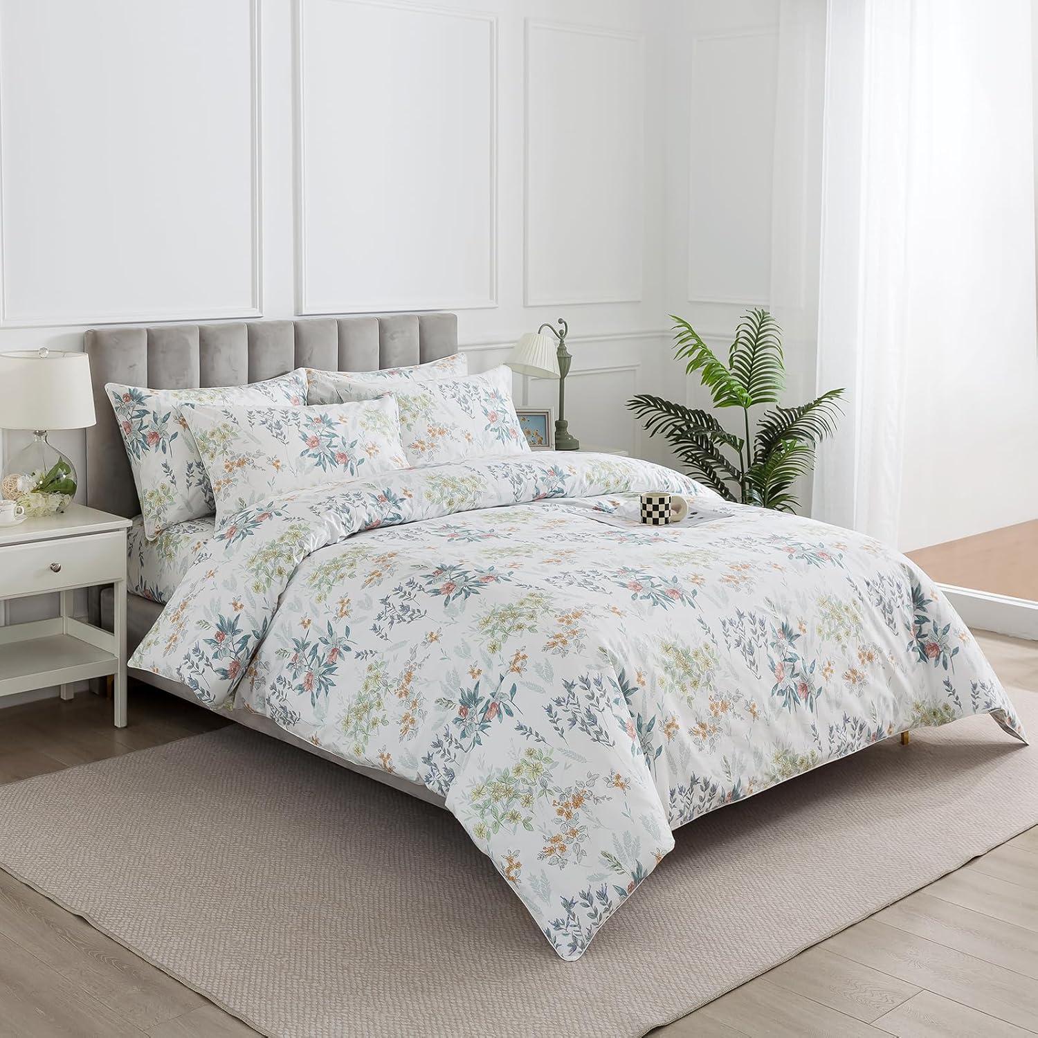 Puralens White Queen Floral Duvet Cover, Shabby Leaf Chic 100% Cotton Percale Duvet Cover Set with Zipper, Flower Patterned Farmhouse Toile…