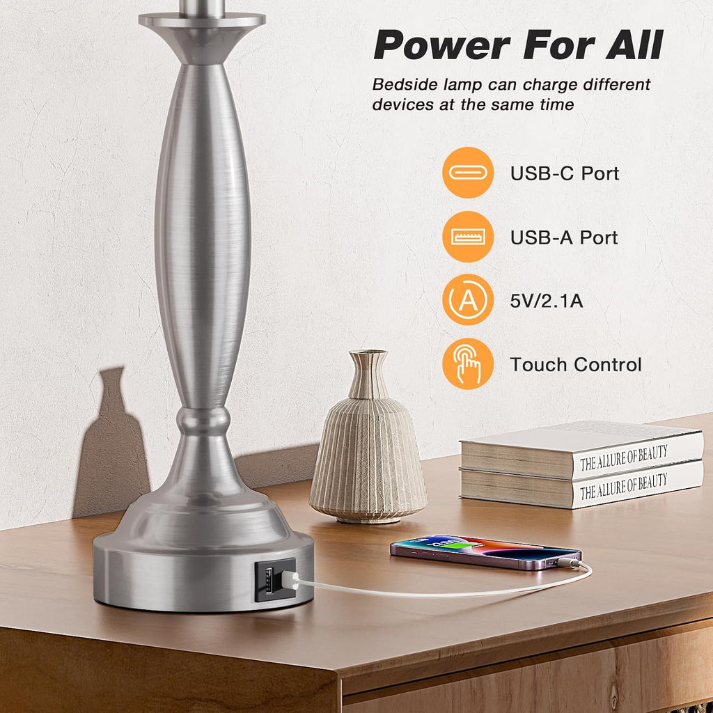 Lamps for Bedrooms Set of 2 - Touch Bedside Lamp with USB C+A, 3 Way Dimmable Nightstand Lamps with USB Port, Brushed Nickel Table Lamp…