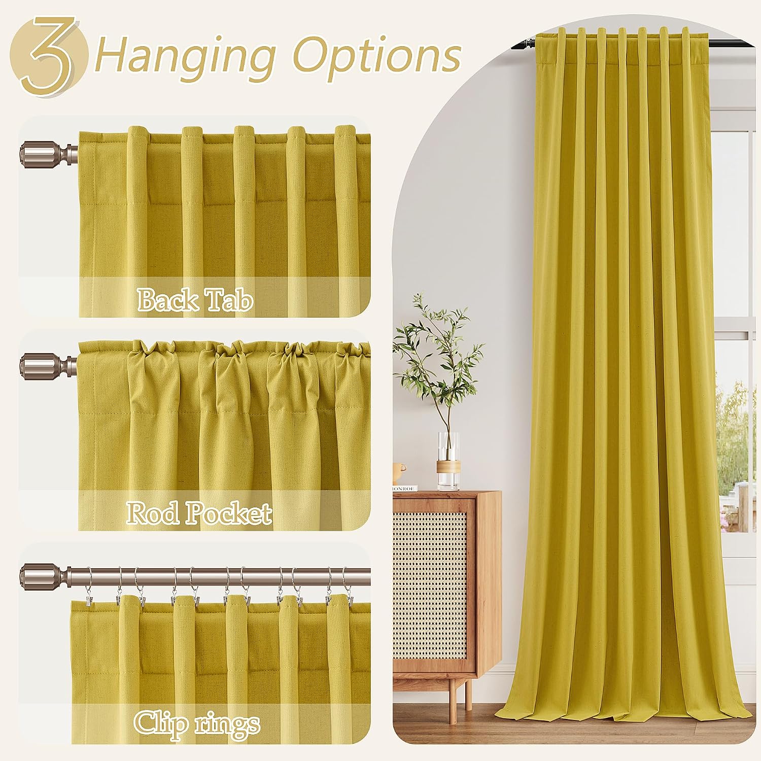 Guken Celery Yellow 100% Blackout Linen Curtains 102 Inch Length 2 Panels Set for Living Room Bedroom Back Tab Rod Pocket Thermal Insulated…