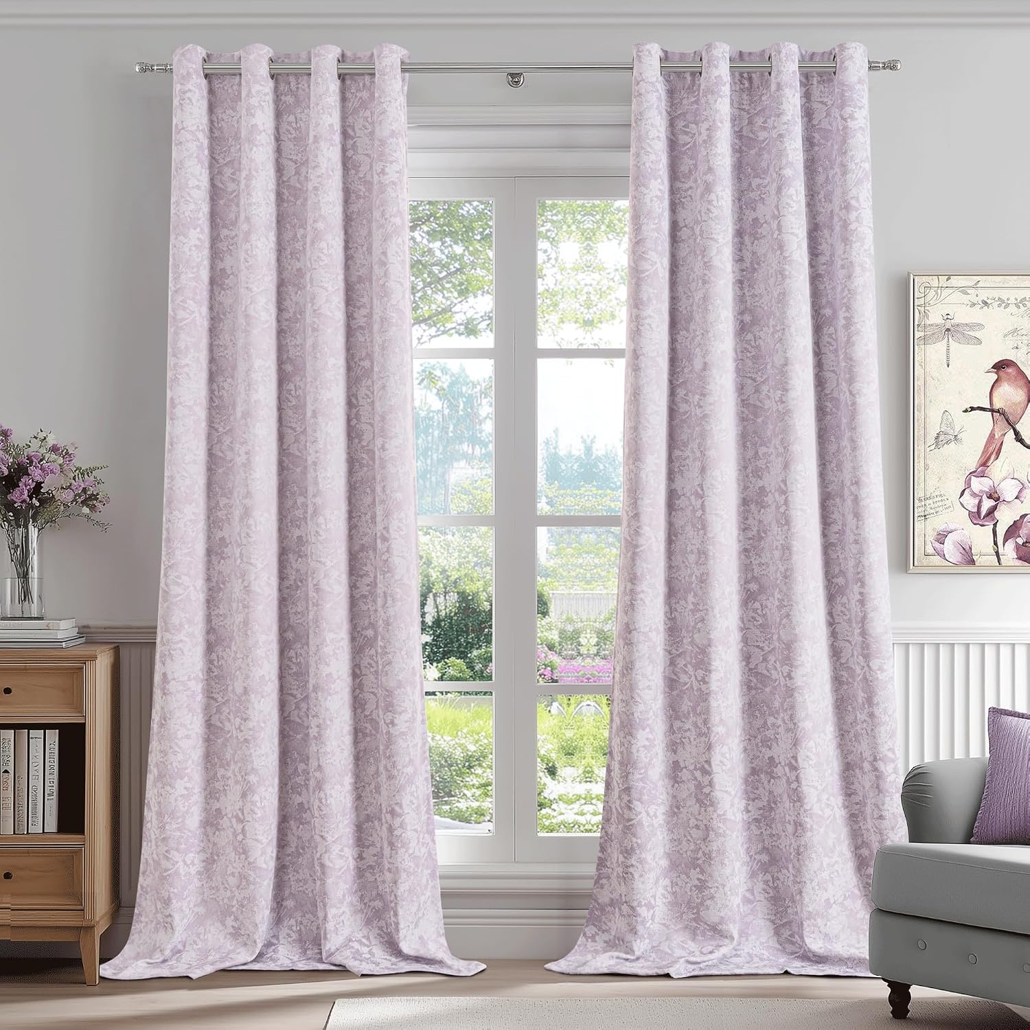 Beauoop Purple Floral Jacquard Blackout Curtains 72 Inches Long 2 Panels for Bedroom Living Room Chenille Flower Room Darkening Thermal…
