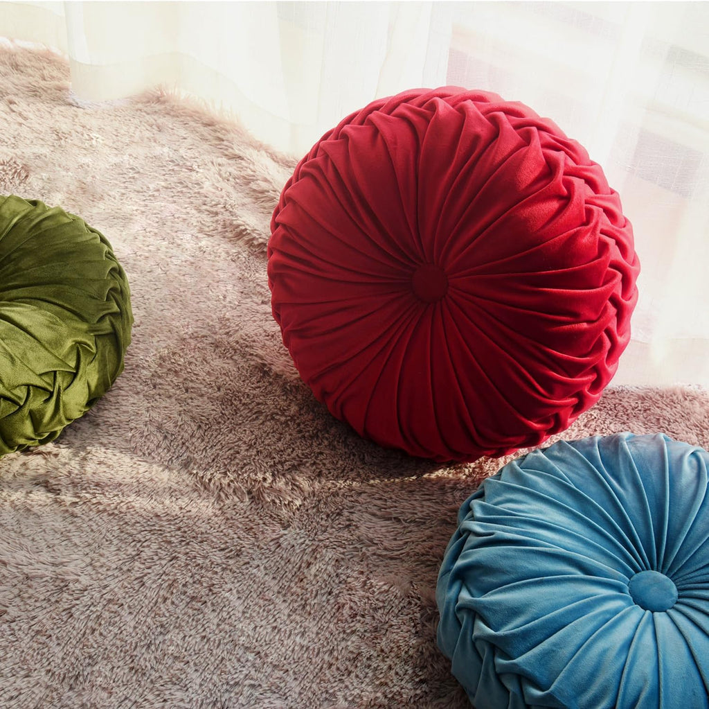 HIG Set of 2 Dusty Blue Ruched Velvet Round Throw Pillows – 14.5’’ Decorative Pillows with Soft Polyester Filling for Couch, Bed, Living…