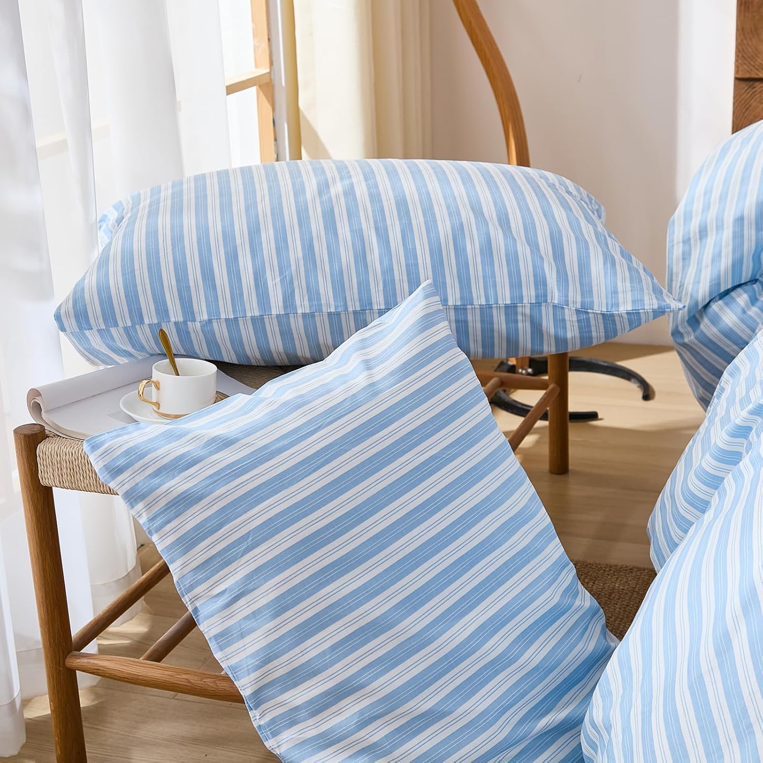 Merryword Blue and White Striped Pillowcases, 100% Cotton Pillow Cases, King Size Pillowcases, Soft Breathable Ribbon Stripe Pillow Covers,…