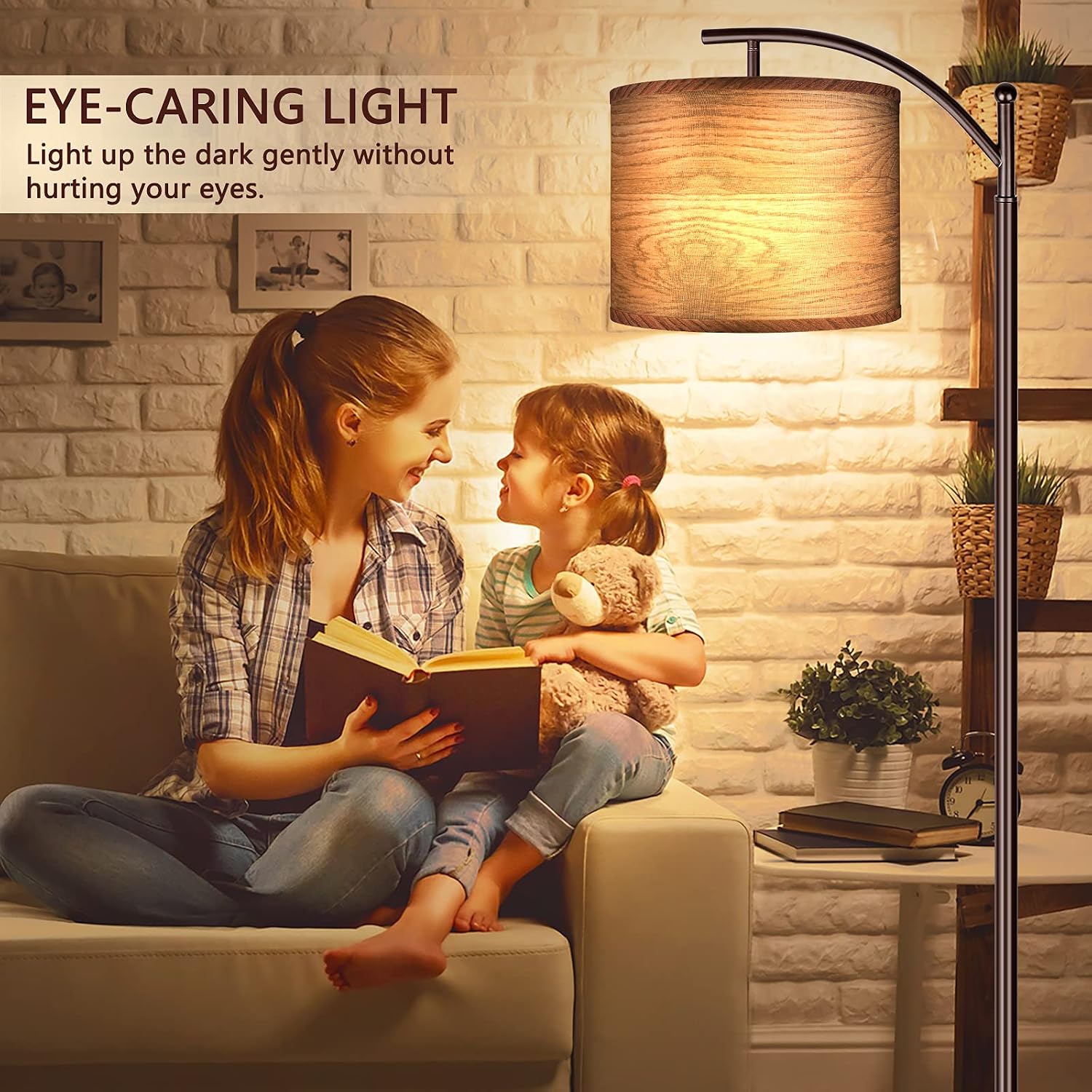 Floor Lamp for Living Room, LED Standing Lamp Tall Industrial Floor Lamp Reading for Bedroom, Office (9W LED Bulb, Wood Grain Lampshade…