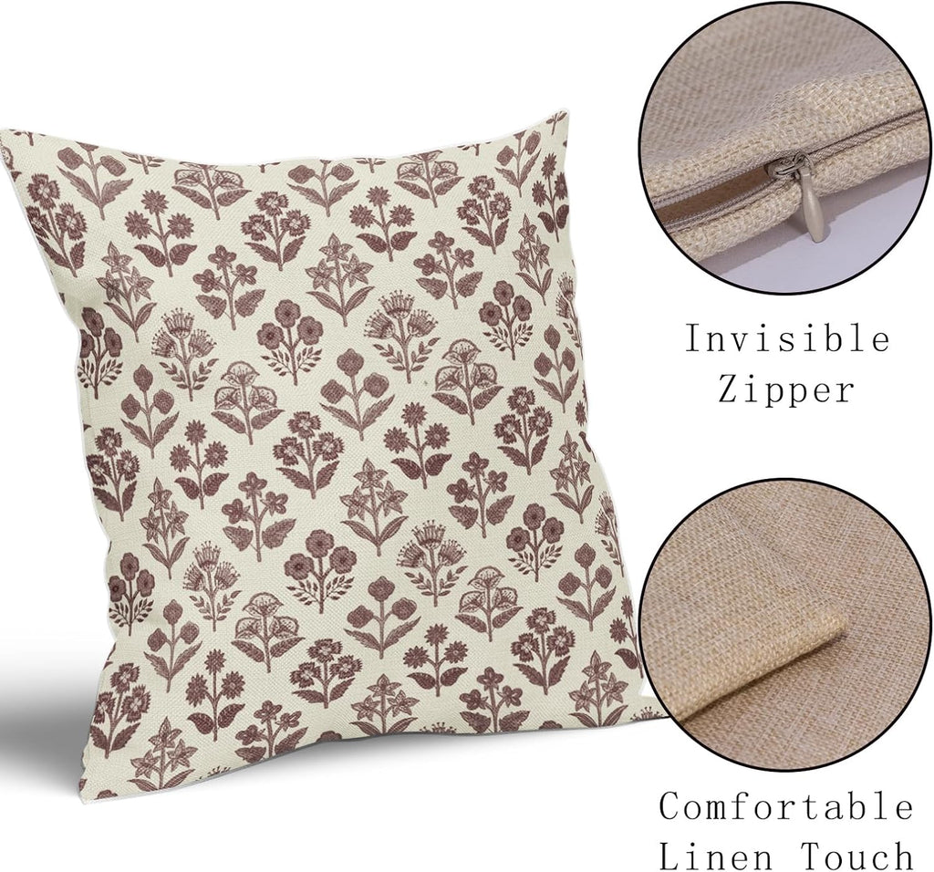 Burgundy Red Floral Pillow Covers 16x16 Inch Set of 2, Vintage Flower Block Print Pattern Decorative Throw Pillowcases Outdoor Farmhouse…