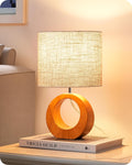 EDISHINE Small Wood Table Lamp, 13.4" Nightstand Lamp with Beige Linen Lampshade, ON-Off Switch, E26 Base, Modern Bedside Lamp for Living…