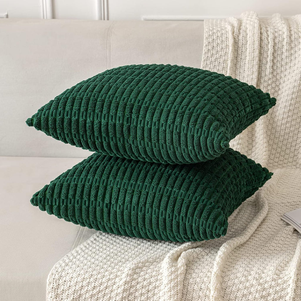 Miulee Pack of 2 Dark Green Corduroy Decorative Pillow Covers 18x18 Inch Soft Boho Striped Throw Pillow Covers Modern Farmhouse Home Decor…