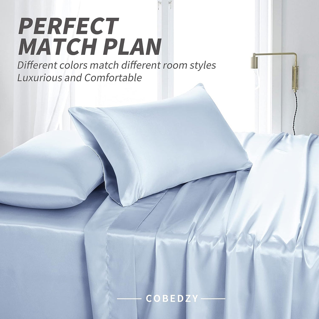Cobedzy 4 Pieces Light Blue Satin Sheets Full Size Bed Set, Luxury Silky Satin Bedding Sheets Set with 1 Deep Pocket Fitted Sheet, 1 Soft F…