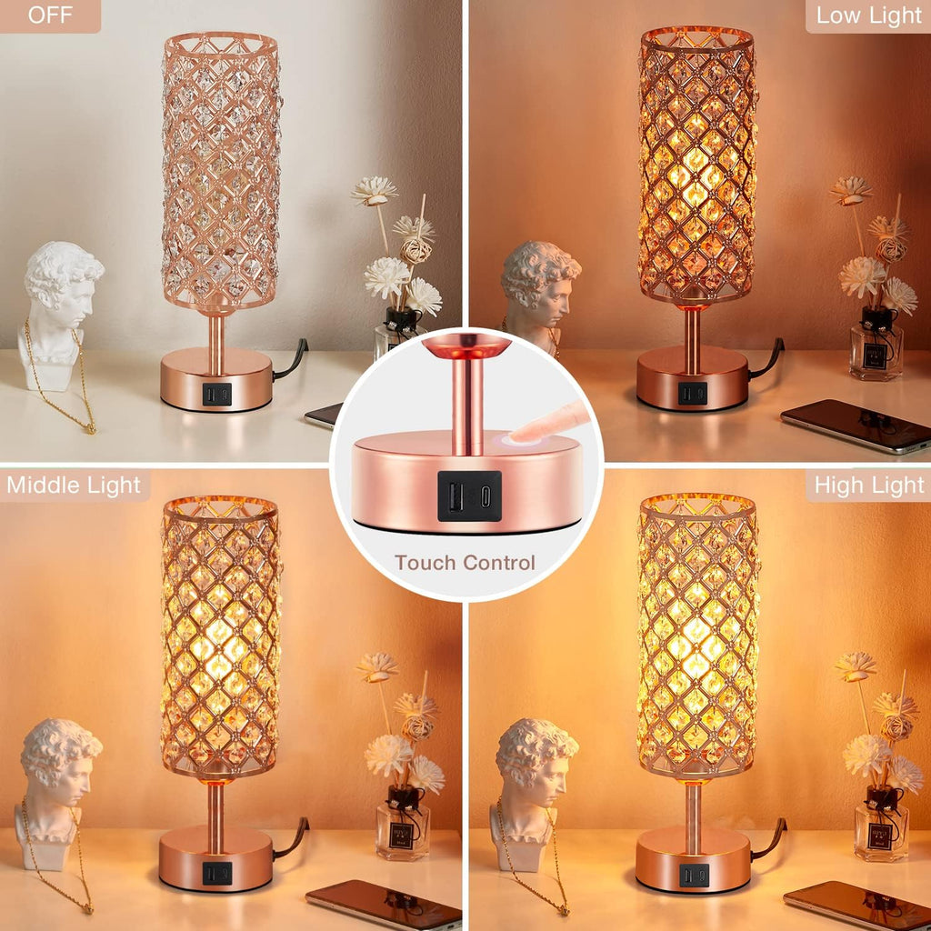 Hong-in Crystal Table Lamp - 3-Way Dimmable Touch Control, Rose Gold Bedside Lamp with USB C and A Ports, Nightstand Light for Living…