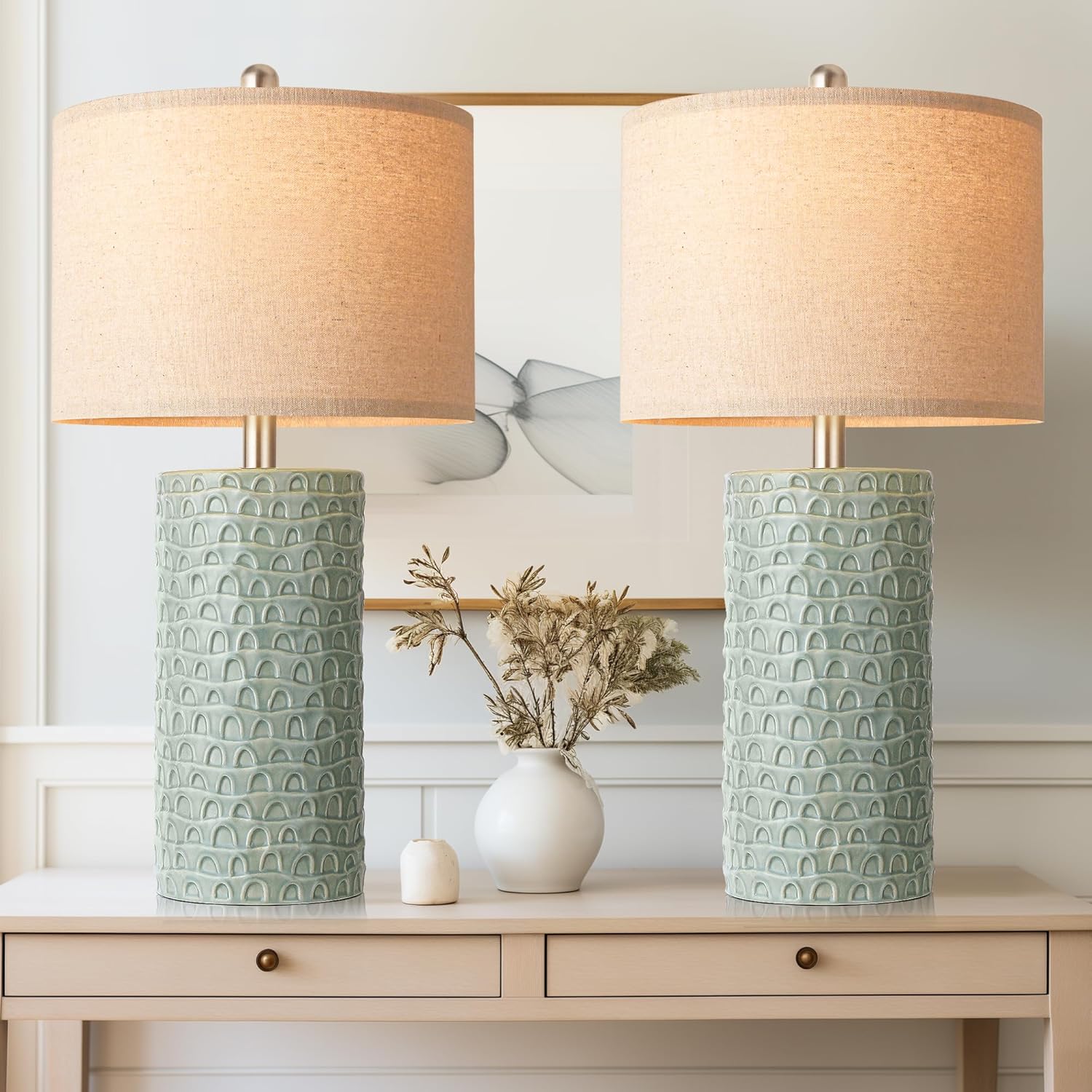 PARTPHONER 23" Modern Ceramic Table Lamp Set of 2, Table Lamps for Living Room, Rustic Farmhouse Bedside Lamps Nightstand lamp for…