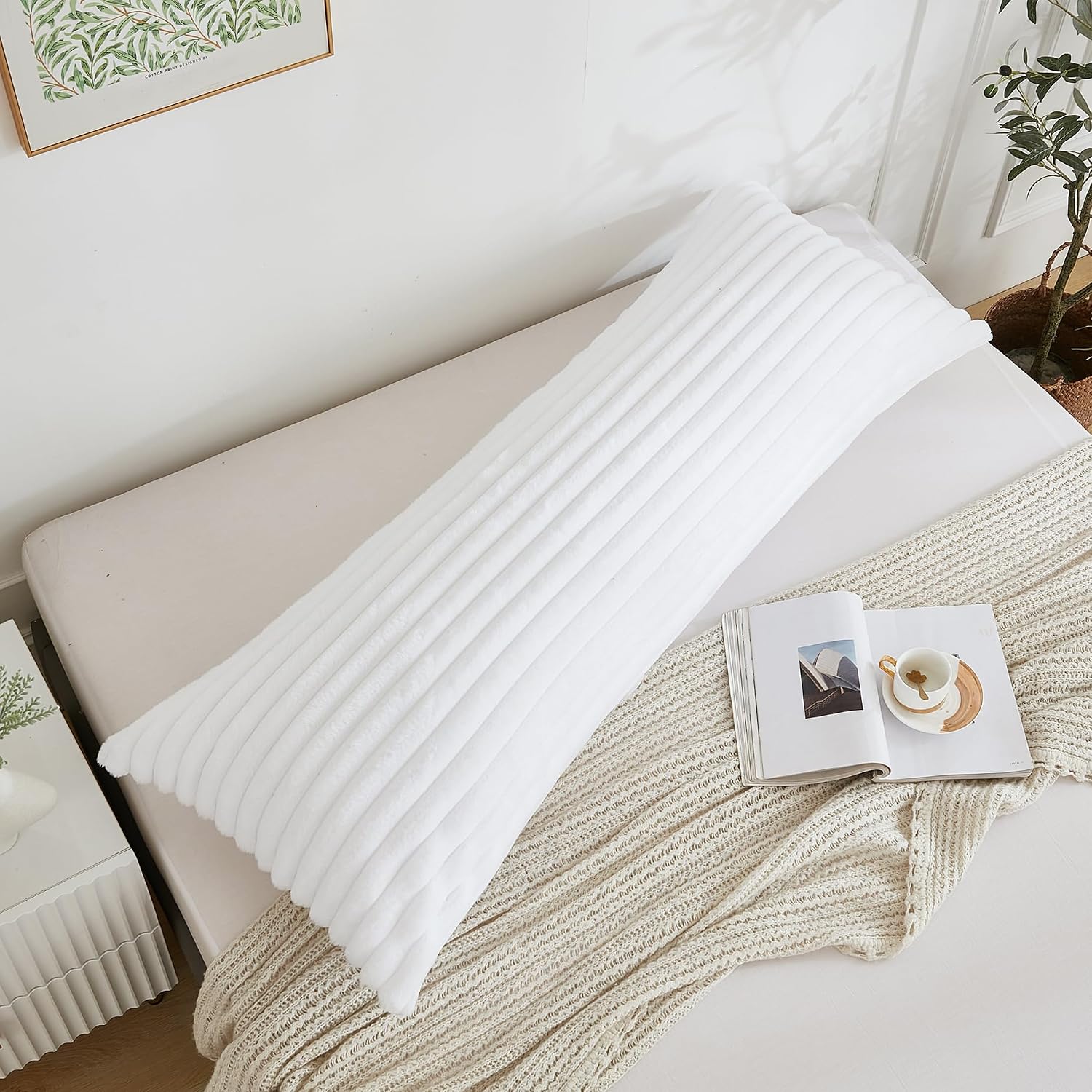 Memfydu Full Body Pillow with Fluffy Stripe Faux Fur Removable Cover, Long Bed Pillow Adult 20x54 Inches for Side Sleeper and Pregnancy, Wh…