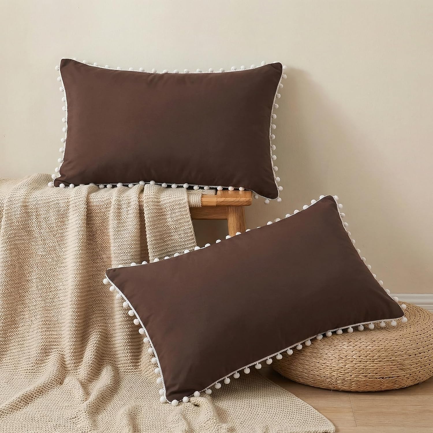 Moveover Chocolate Pom Poms Pillow Cases, Boho Pillowcases Set of 2, 100% Soft Washed Microfiber, Dark Brown Pom Poms Pillow Shams King, 2…