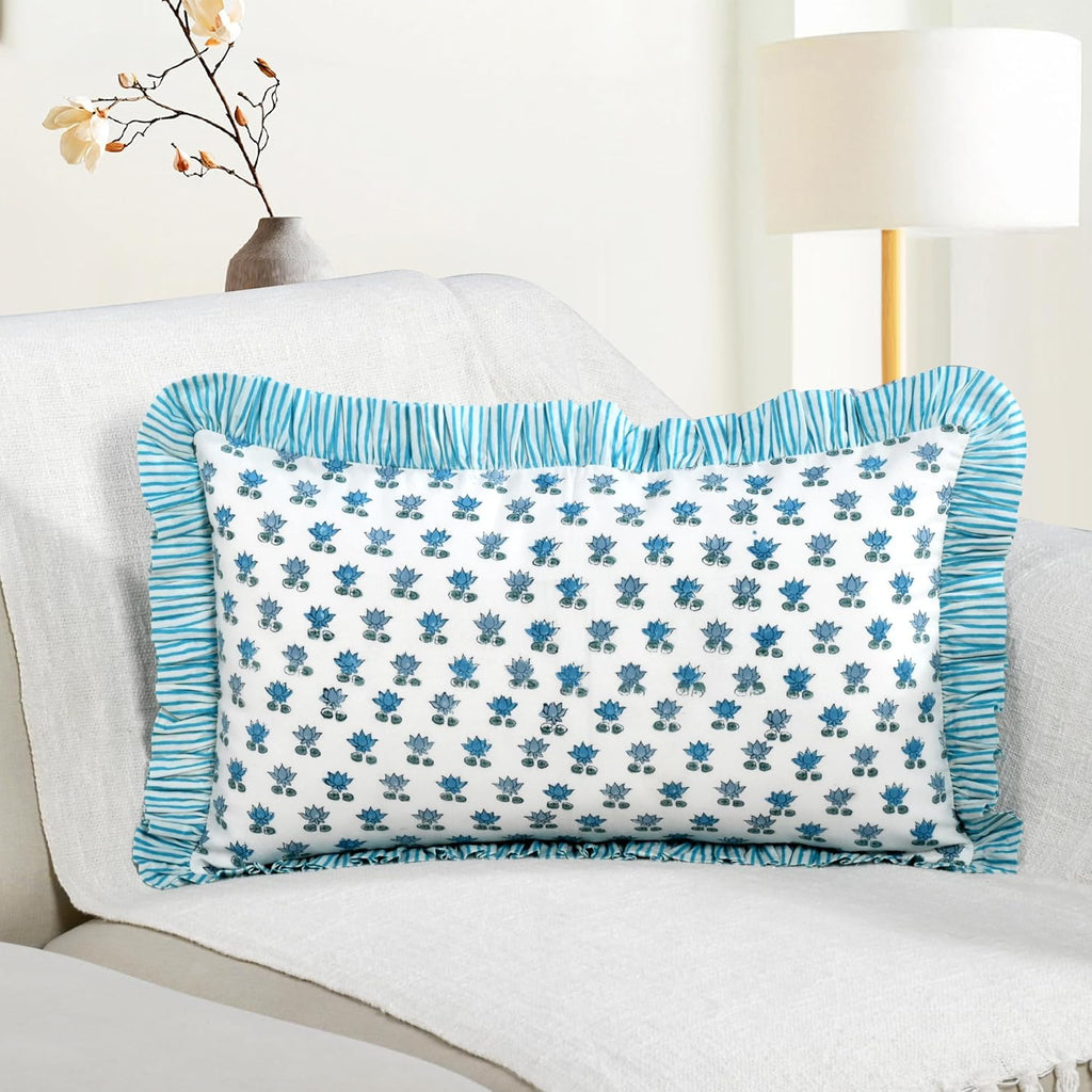 Cottonprintclub CPC Hand Block Print Arctic Blue Ruffle Sham Pillow Cover 20" x 12" inch Hidden Zipper Decorative Pillowcase for Couch, Bed…