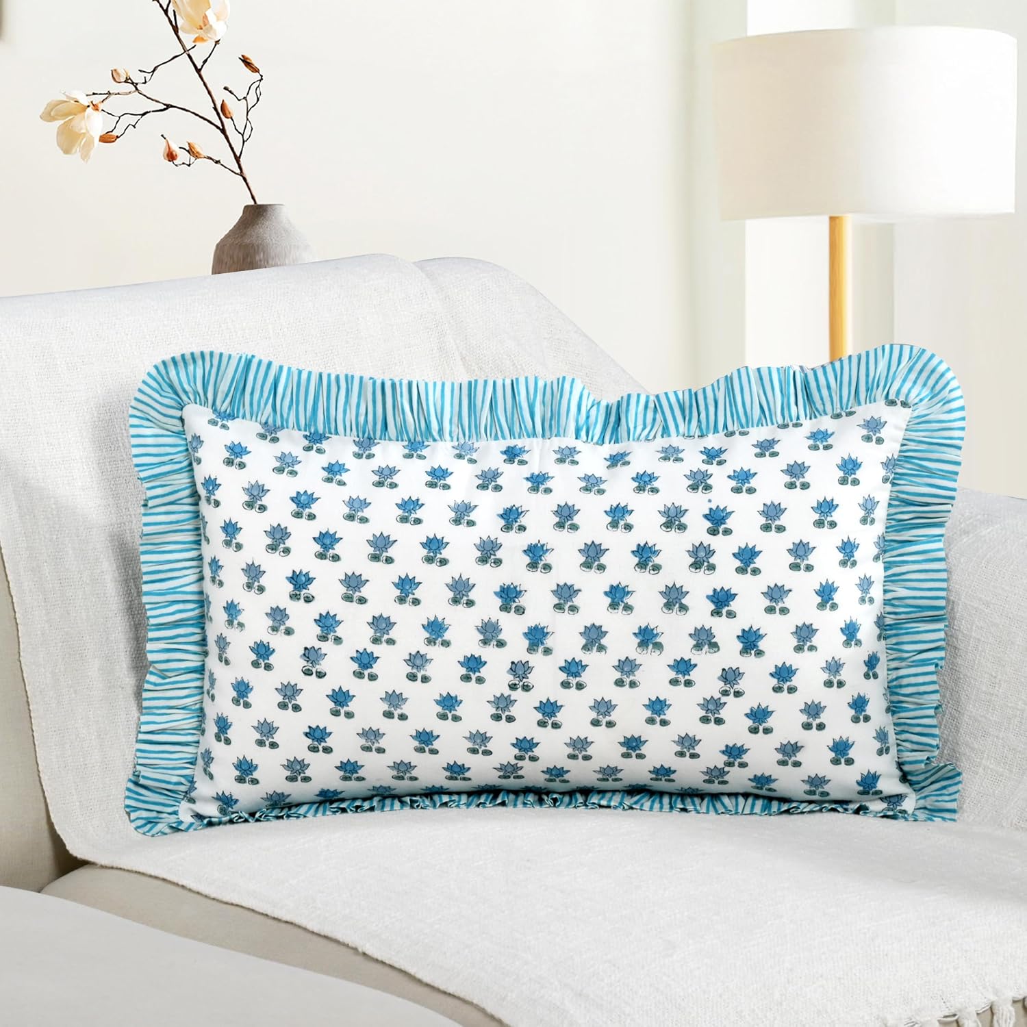 Cottonprintclub CPC Hand Block Print Arctic Blue Ruffle Sham Pillow Cover 20" x 12" inch Hidden Zipper Decorative Pillowcase for Couch, Bed…