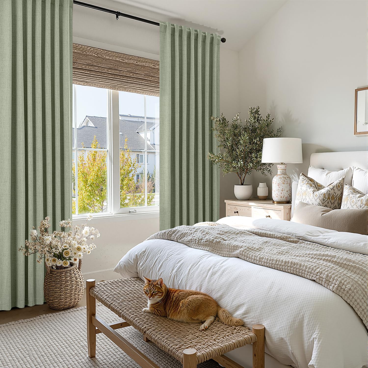 Miulee 100% Blackout Linen Curtains for Bedroom, Sage Green Solid Luxury Decor Thermal Insulation Room Darkening Drapes for Living Room Nur…