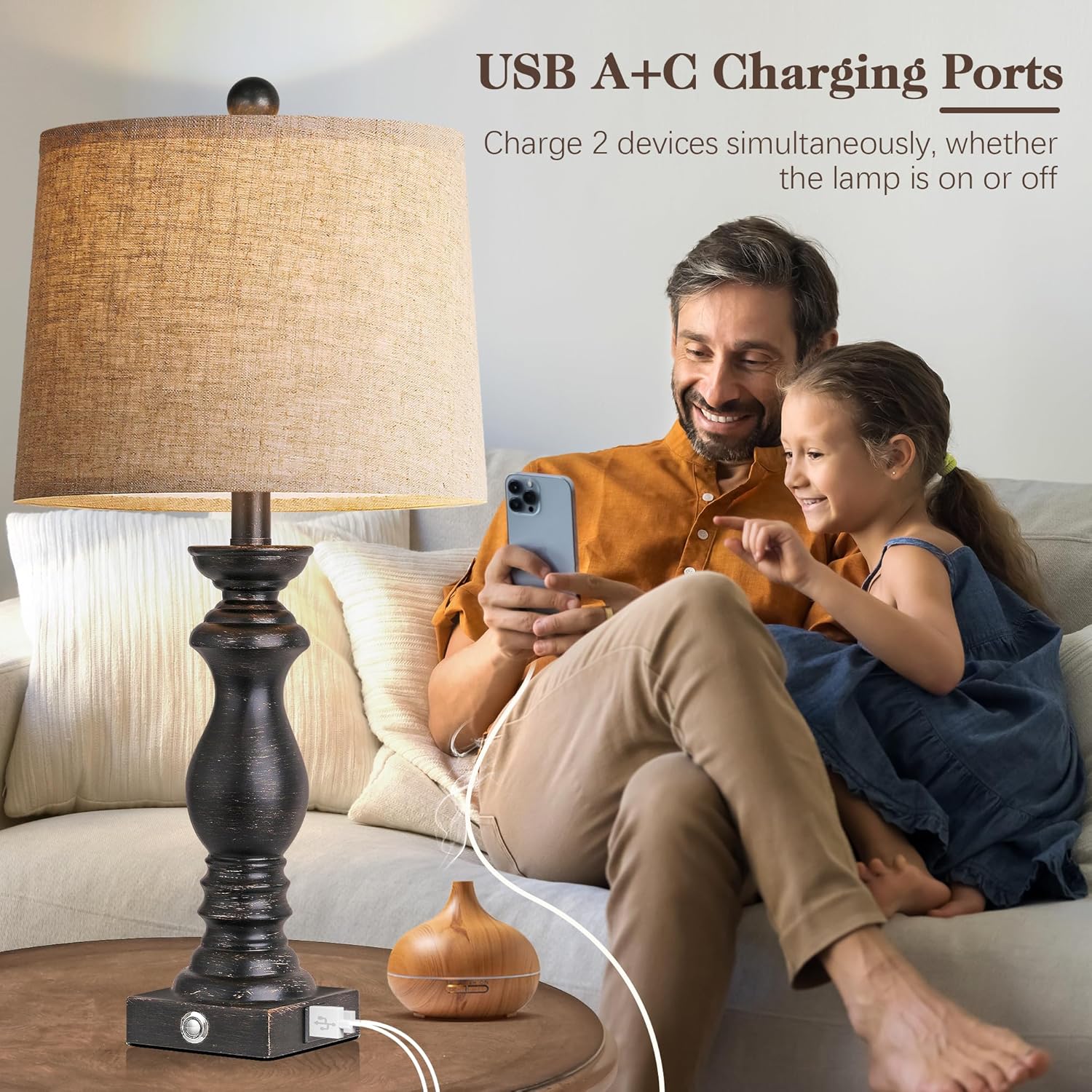 24.5" Table Lamp Set of 2, Rustic Farmhouse Bedside Lamps with USB A+C Charging Ports, 3-Way Dimmable Touch Control Nightstand Lamps for…
