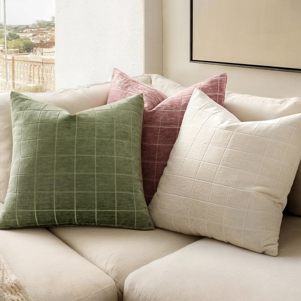 Miulee Decorative Chenille Check Throw Pillow Covers Vintage Plaid Couch Pillows 20x20 Inch Set of 2 Neutral Boho Farmhouse Cushion Covers…