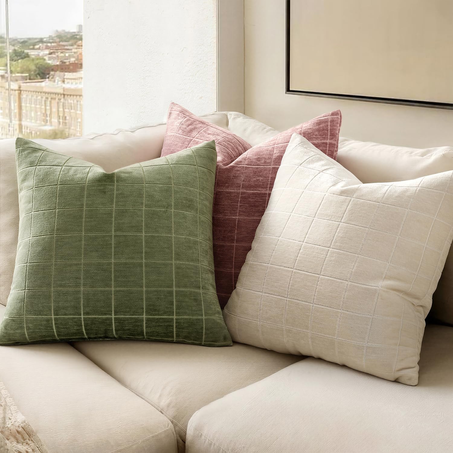 Miulee Decorative Chenille Check Throw Pillow Covers Vintage Plaid Couch Pillows 20x20 Inch Set of 2 Neutral Boho Farmhouse Cushion Covers…