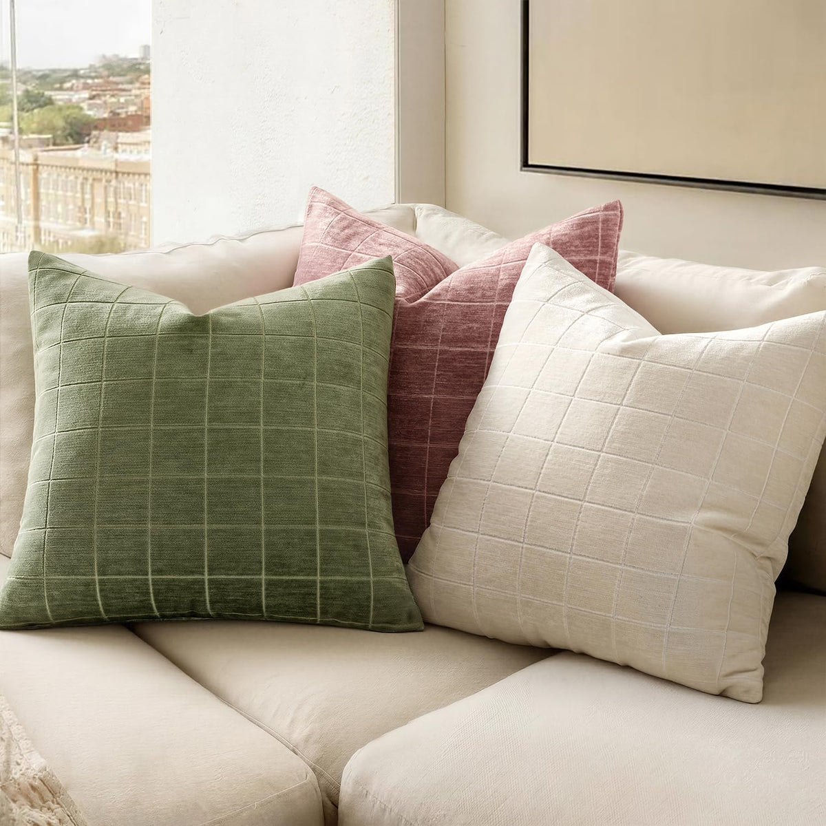 Miulee Decorative Chenille Check Throw Pillow Covers Vintage Plaid Couch Pillows 18x18 Inch Set of 2 Neutral Boho Farmhouse Cushion Covers…