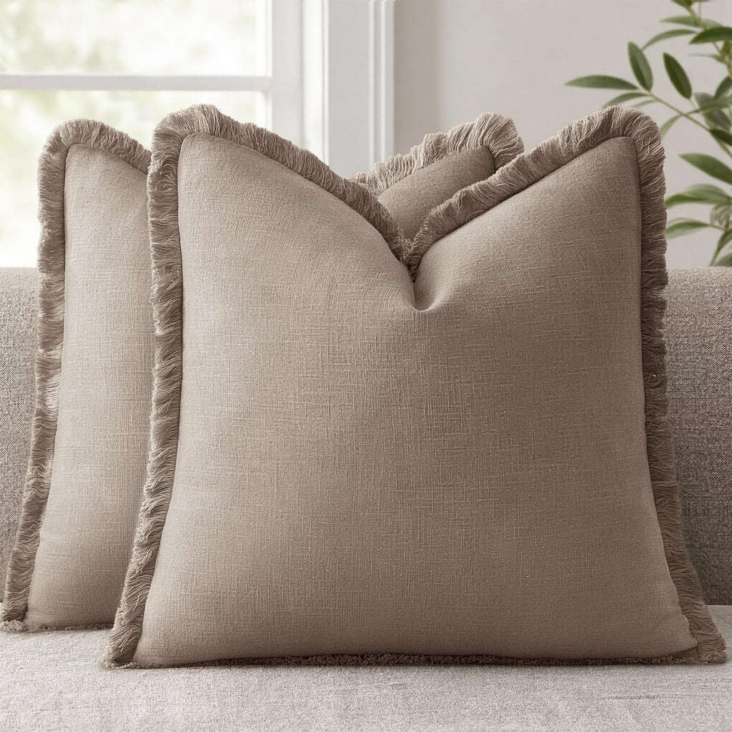 Anroduo Set of 2 Decorative Throw Pillow Covers 24×24 Inch Soft Linen Fringe Farmhouse Boho Vintage Cushion Covers with Tassels Accent Pill…