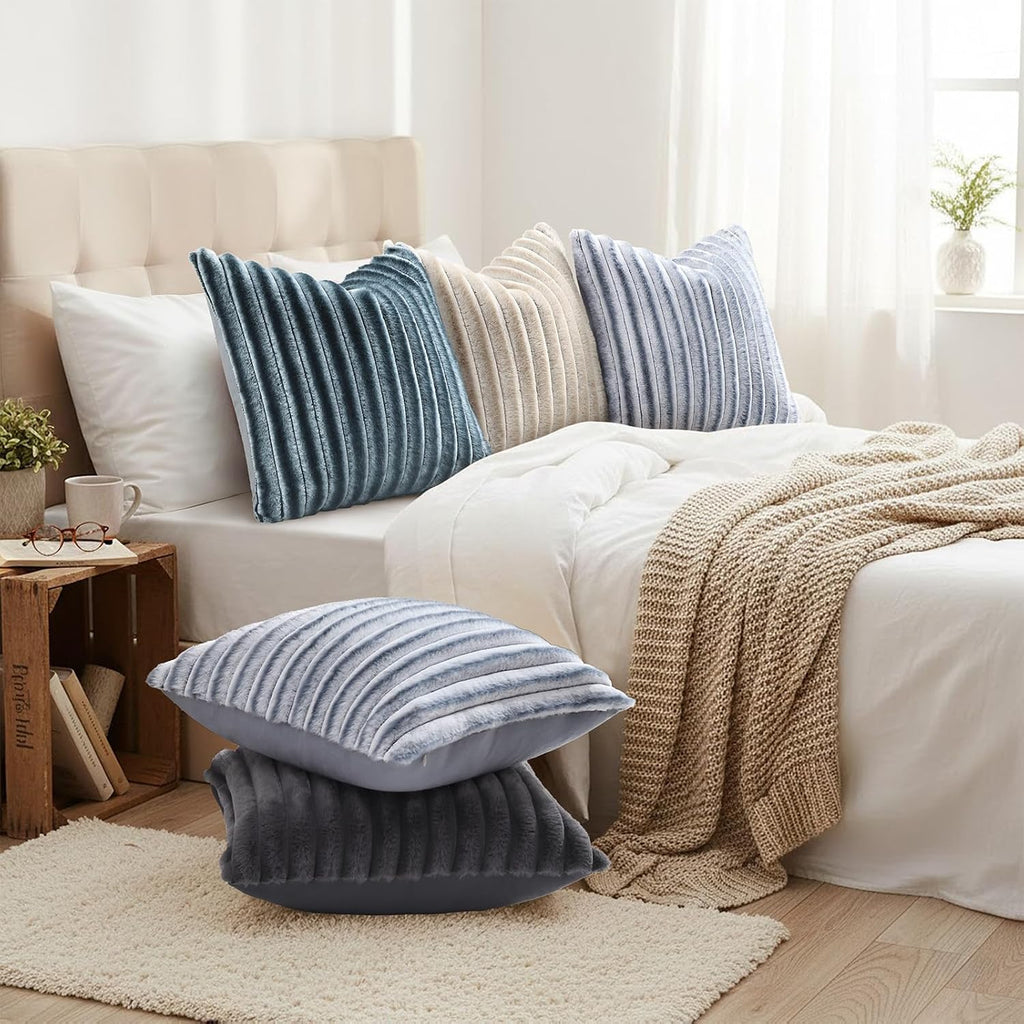decorUhome Cozy Faux Fur Throw Pillow Covers 12x20 Set of 2 Decorative Soft Plush Striped Lumbar Modern Farmhouse Boho Couch Pillow Cases w…