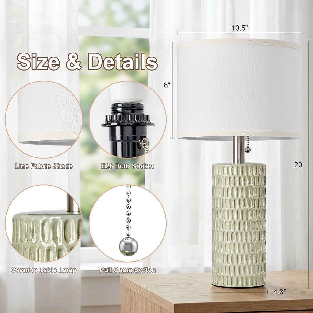 Reaketon Table Lamps for Living Room Set of 2, Ceramic Table Lamps for Bedroom, 20" Modern Lamps for Night Stands, Light Green