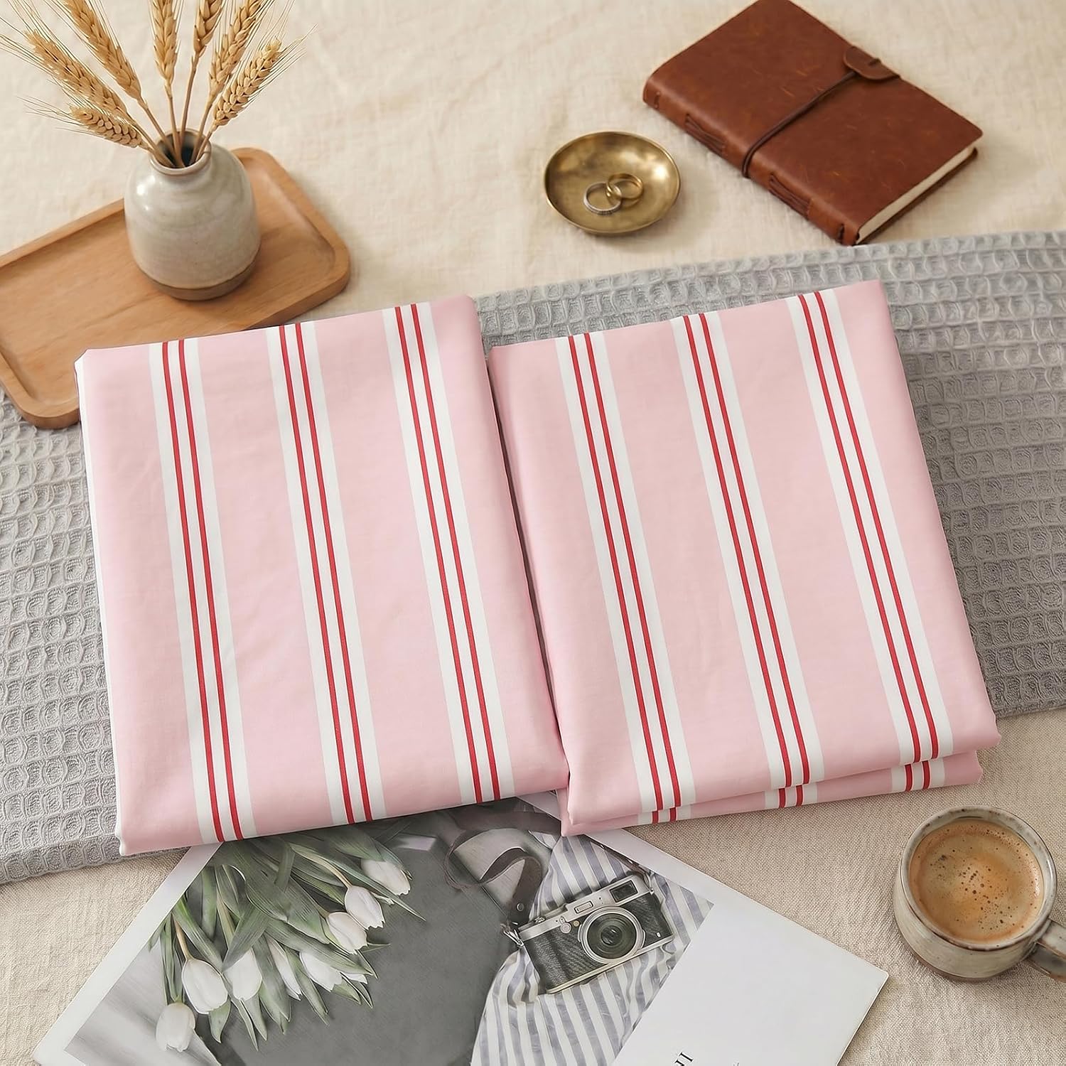 Merryword Standard Size Pillowcases, 100% Cotton Pillow Cases, Pink Striped Pillowcases, Soft Breathable Ribbon Stripe Pillow Covers, Set o…