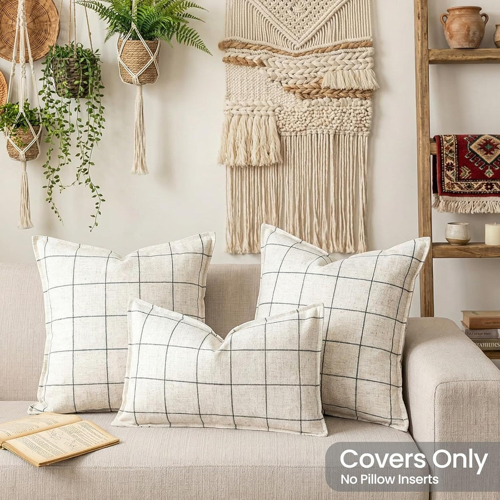CARRIE HOME White Euro Pillow Covers 26x26 Set of 2, White Checkered Plaid Decorative Linen Pillow Covers 26 x 26, Ivory Cream Minimalist…