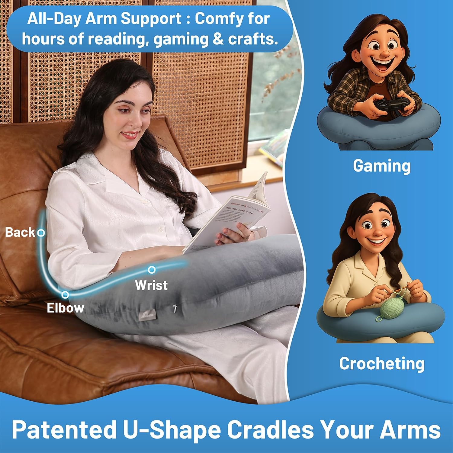 Ergonomic U-Shape Gaming & Lap Pillow - Crochet Pillow & Reading Support Pillow with Arm Relief, Comfort for Gamers, Crafters & Book…