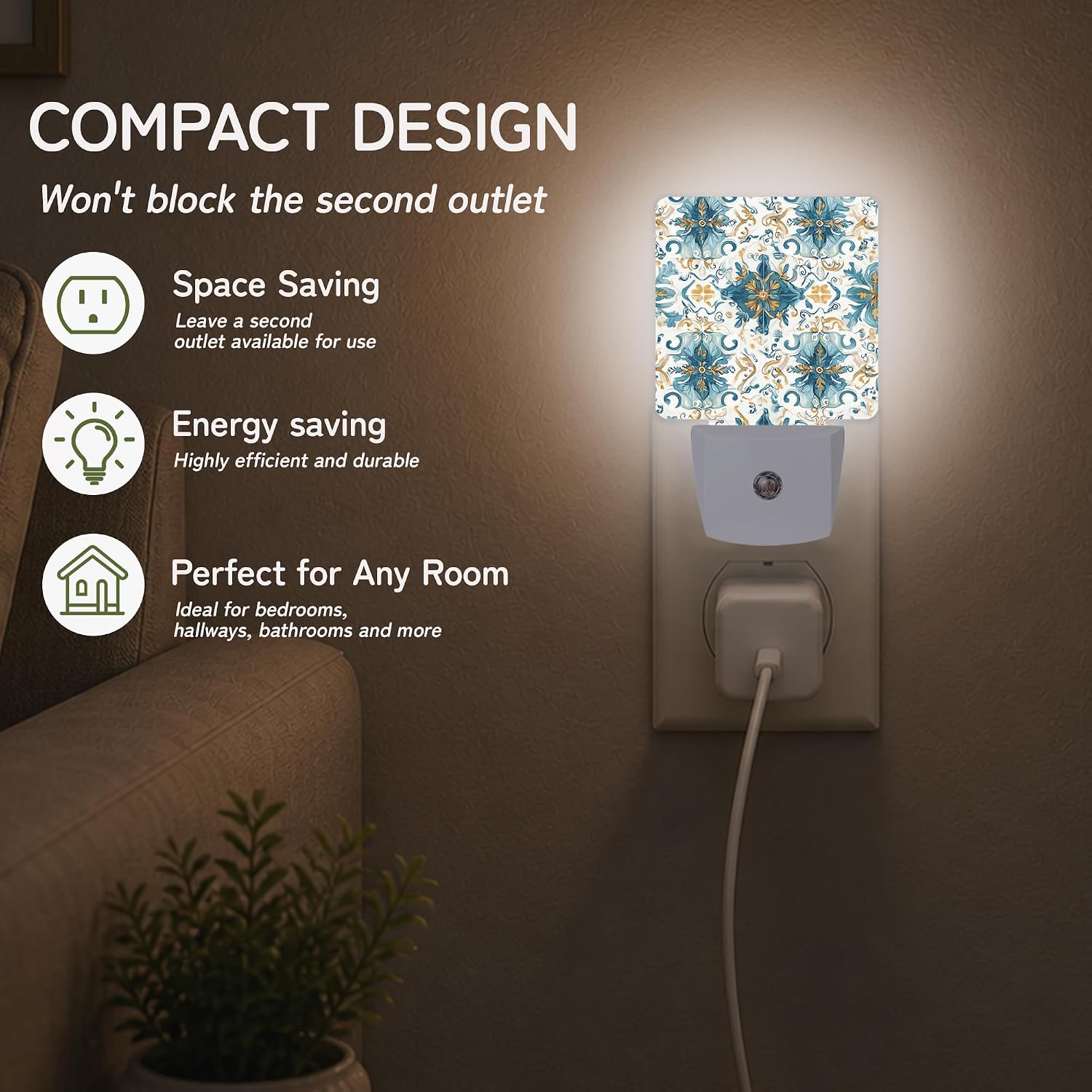 Night Light, Blue White Tile Night Lights Plug into Wall Decor for Bedroom Bathroom Hallway Kitchen, Dusk to Dawn Sensor Gift for Women…