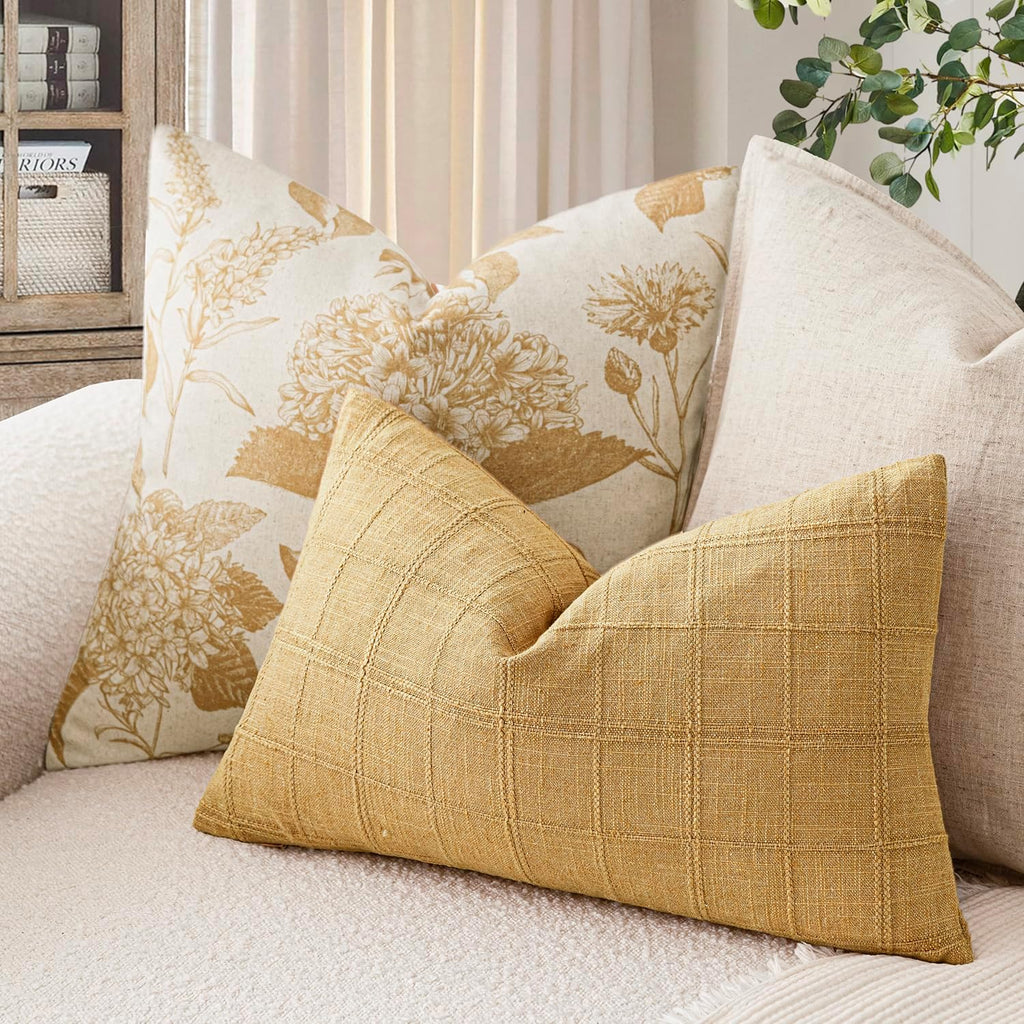 Foindtower Set of 1 Decorative Linen Check Throw Pillow Cover Neutral Farmhouse Lumbar Cushion Cover Modern Boho Accent Home Decor for…