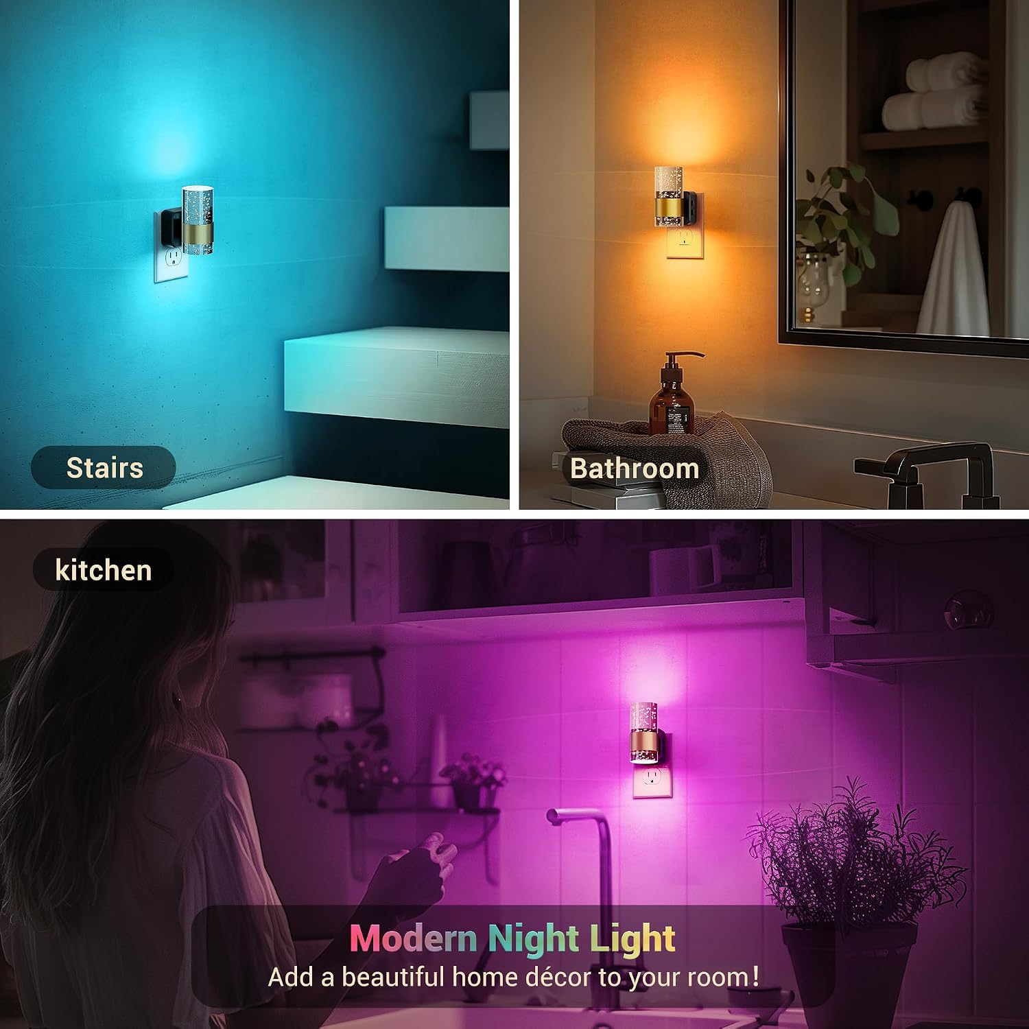 JandCase Night Lights Plug into Wall, Color Changing Night Light for Kids, 3000K+RGB 10-Color LED Nightlight with Dusk to Dawn Sensor…