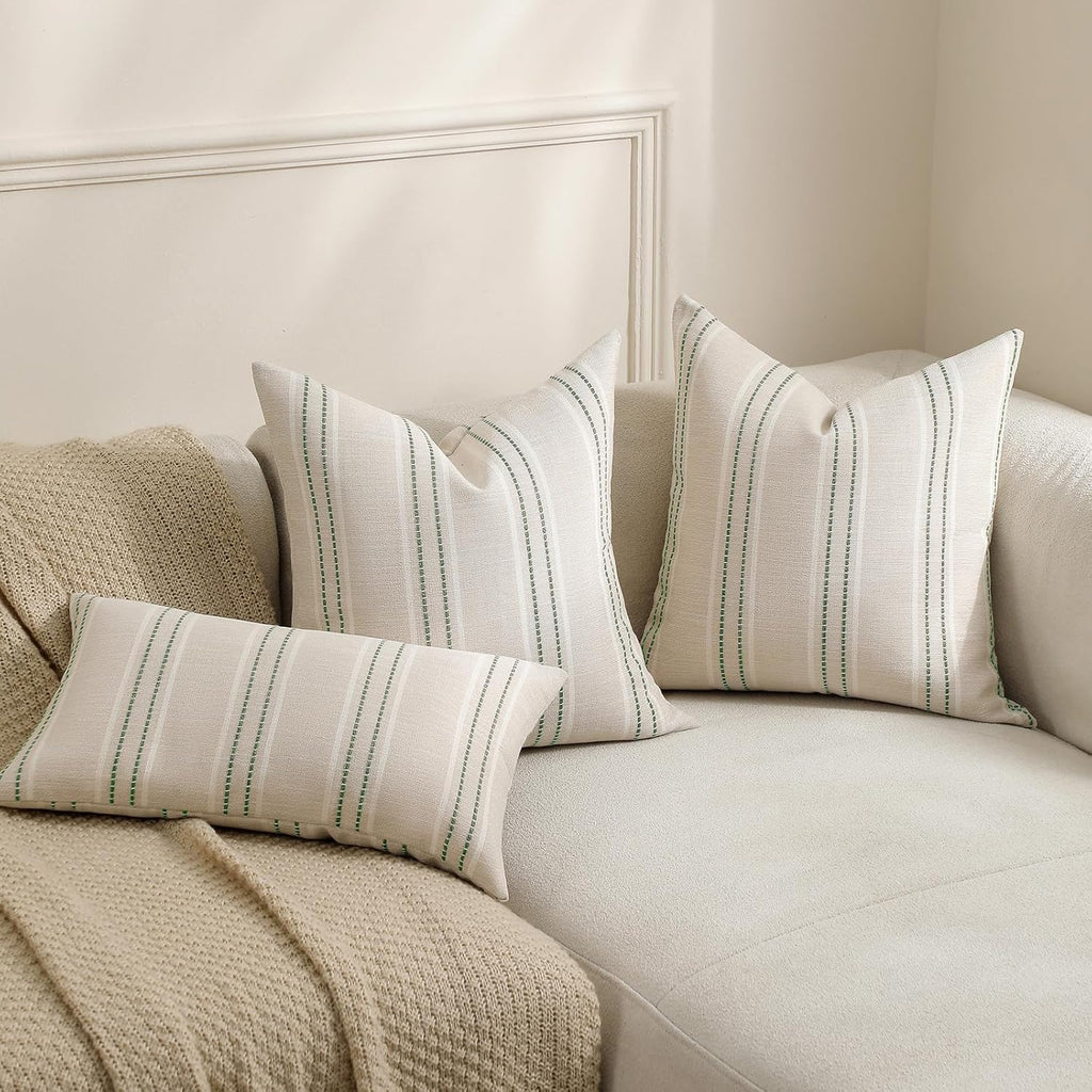 Hckot Spring Decorative Pillow Covers 18x18 Striped Throw Pillows Textured Linen Green Pillow Covers Farmhouse Decor Cushion Covers for…