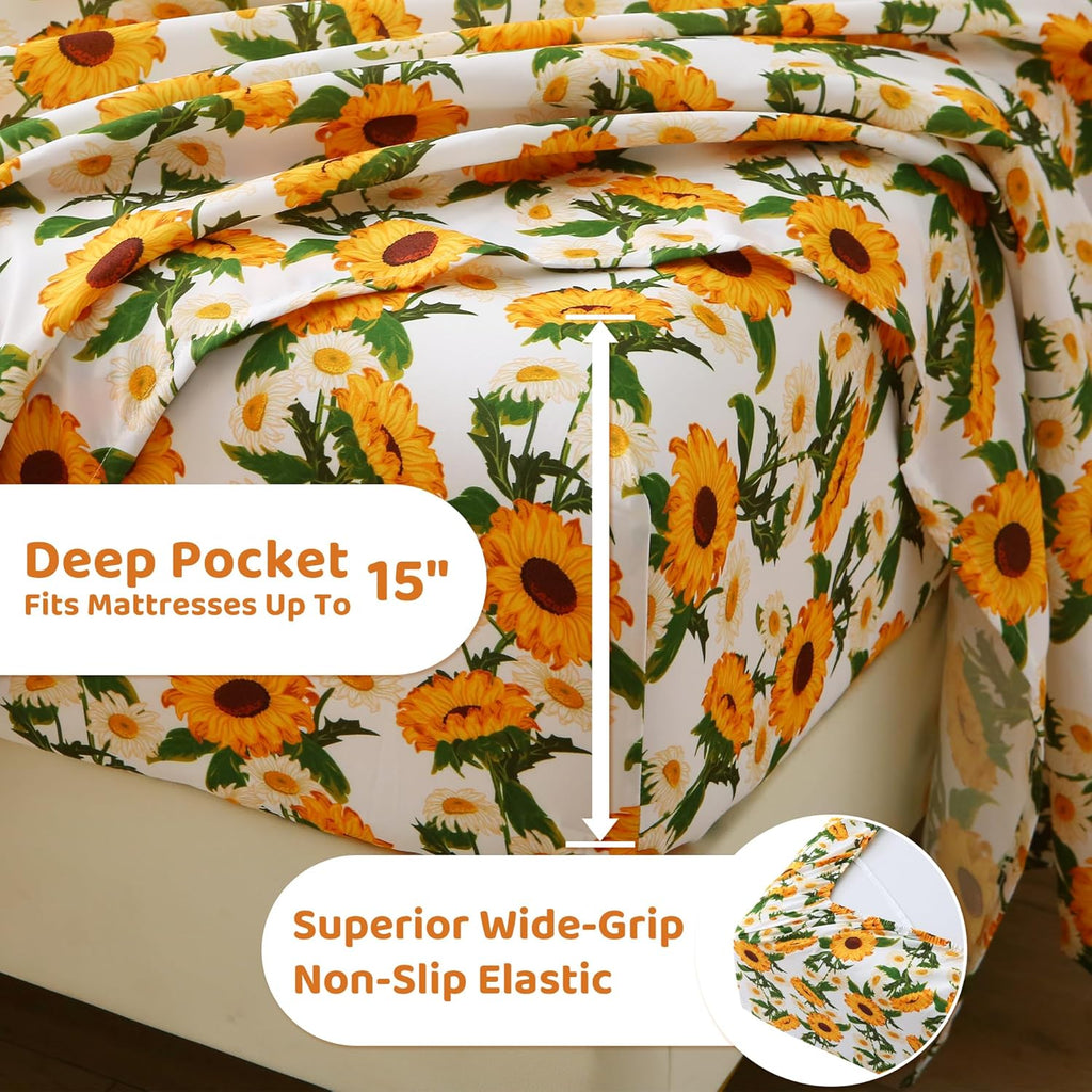 mooreeke Cozy Vintage Microfiber Printed Floral Twin Sheet Set - Soft & Breathable Yellow Sunflower Bed Sheets with Extra Deep Pocket - Non…