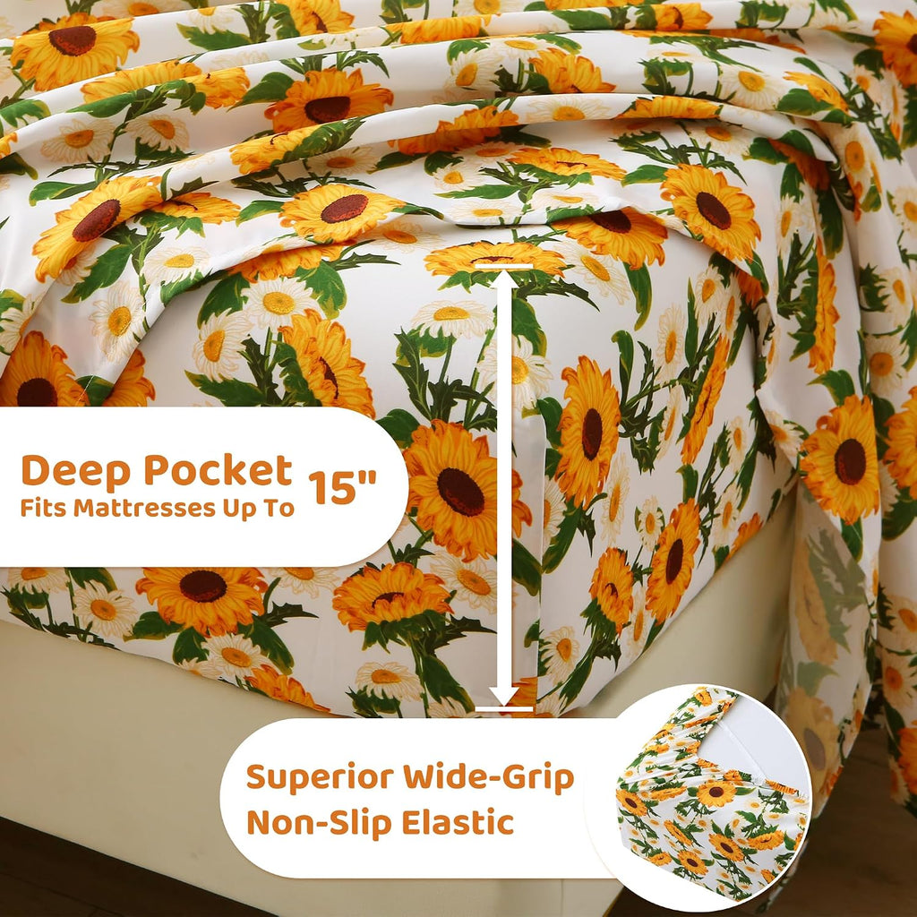 mooreeke Cozy Vintage Microfiber Printed Floral Full Sheet Set - Soft & Breathable Yellow Sunflower Bed Sheets with Extra Deep Pocket - Non…