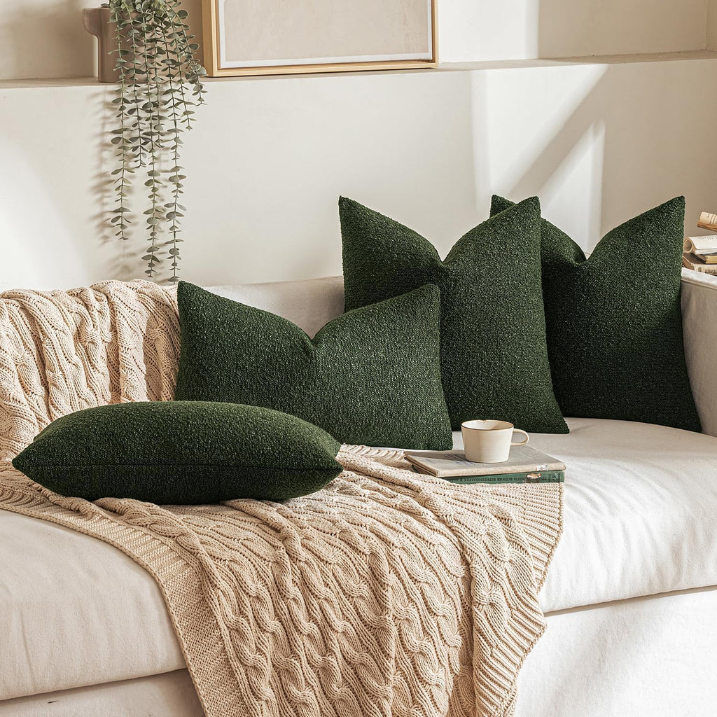Miulee 24x24 Inch Decorative Euro Sham Pillow Covers for Bed Set of 2 Textured Boucle Neutral Throw Pillow Covers Dark Green Accent Solid P…