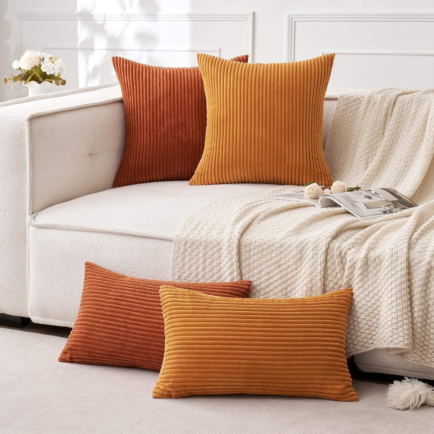 MIULEE Pack of 2 Rust Pillow Covers 12x20 Inch Soft Boho Striped Corduroy Throw Pillow Covers Set Decorative Square Cushion Cases…