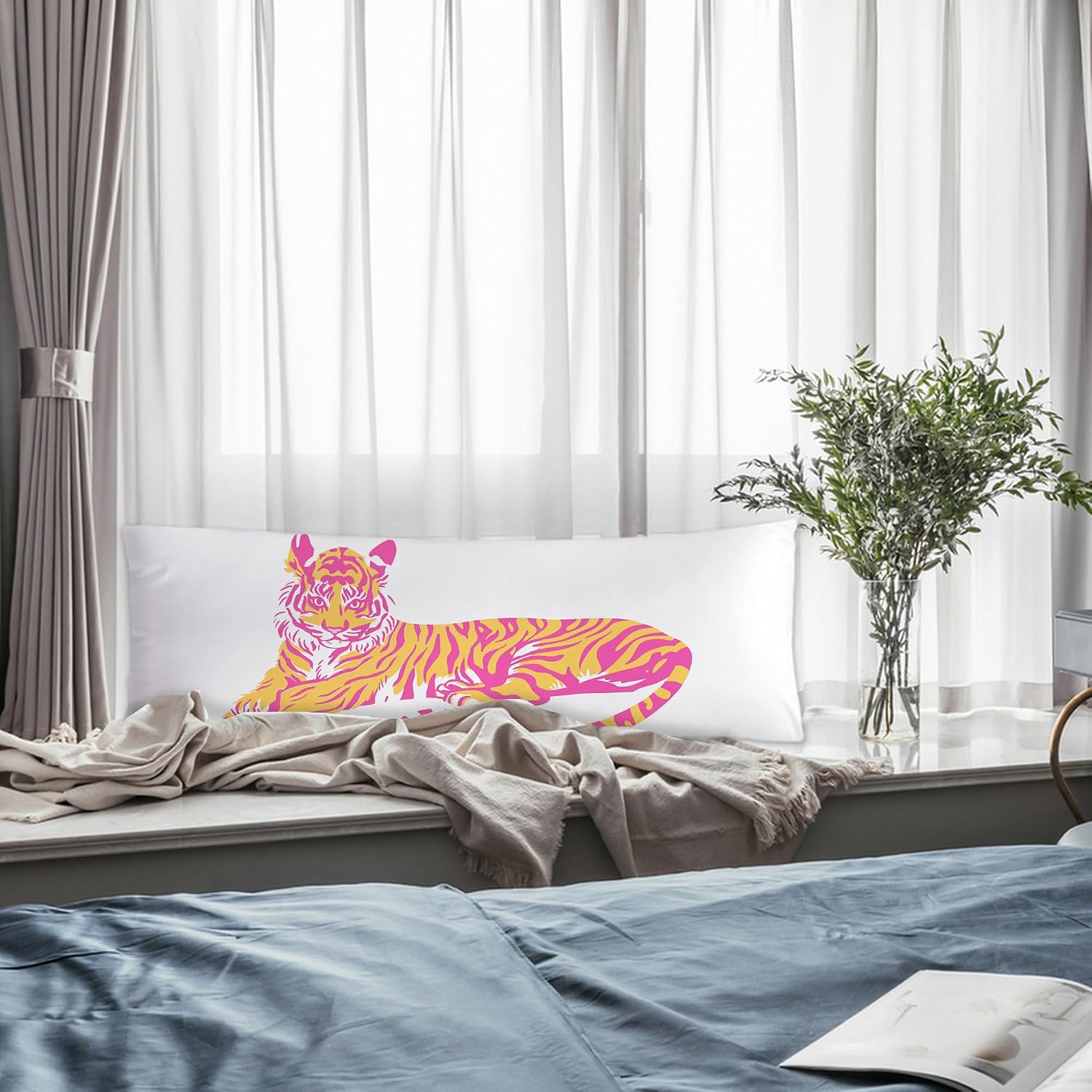 Trendy Pink and Orange Tiger Body Pillow Covers 20x54, Coquette Room Decor, Funky Preppy Tiger Long Body Pillow Case Cover with Hidden…