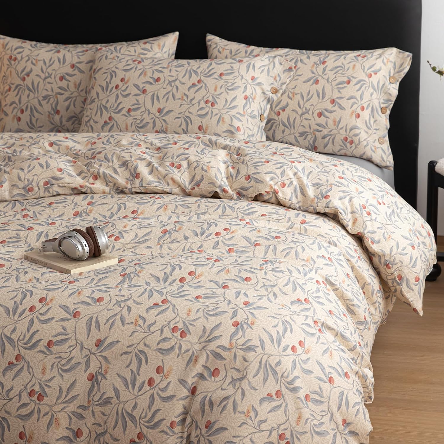 mixinni Cotton Linen Floral Duvet Cover Set, Vintage Botanical Print Comforter Cover with Wooden Buttons, Soft Breathable Blue Red Floral Bo…