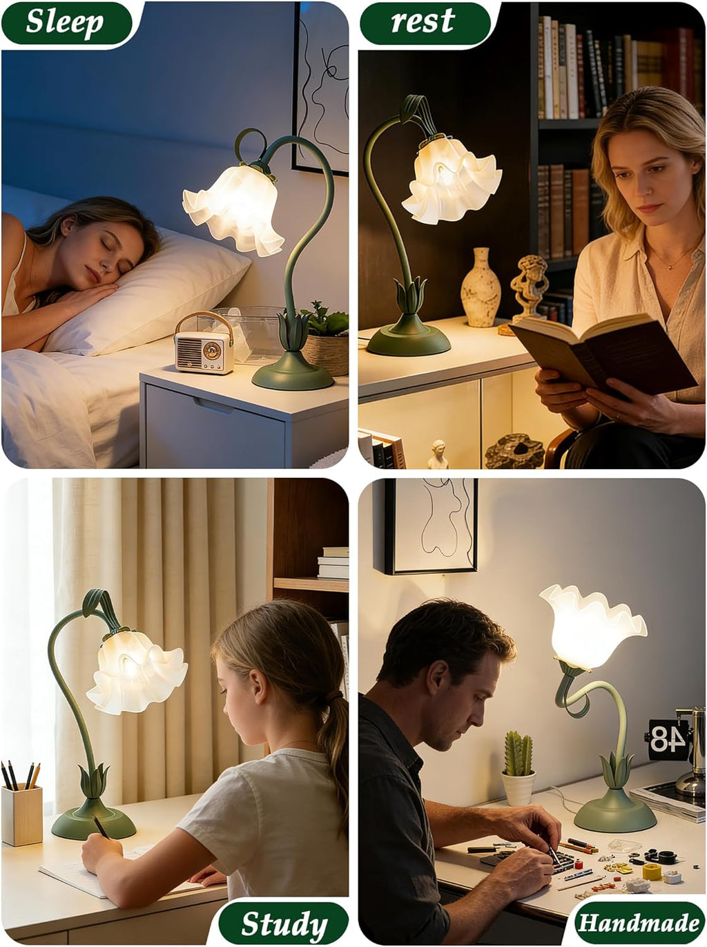 Bedside Table Lamp for Bedroom, Vintage Flower Table Lamps, LED Reading Light 3 Color Modes Bedside Lamps, Nightstand Lamp Kawaii Desk…