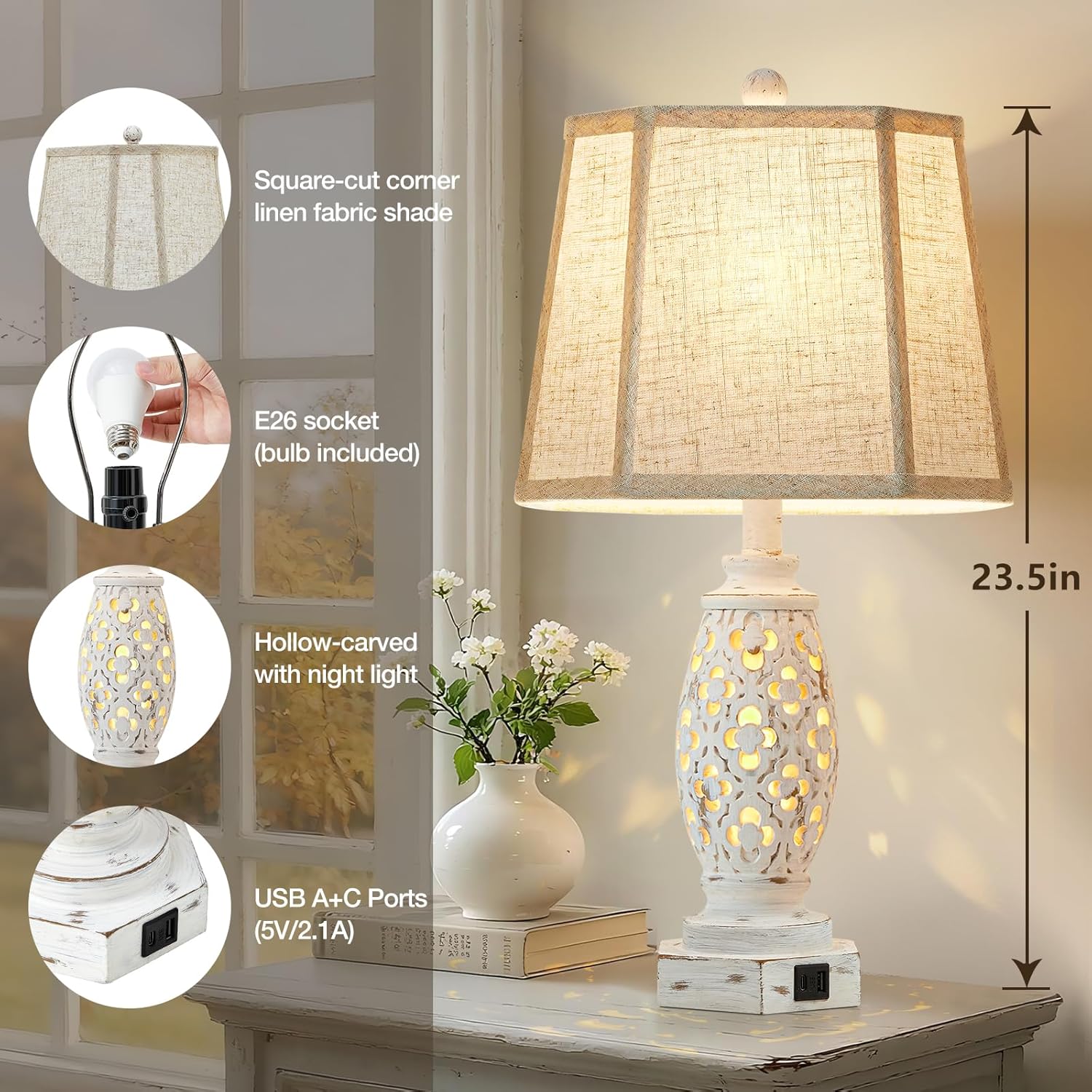 Lamps for Night Stands Set of 2-23.5" Bedside Lamp with USB A+C and Nightlight - Rustic Farmhouse Table Lamp for Bedrooms, End Tables…