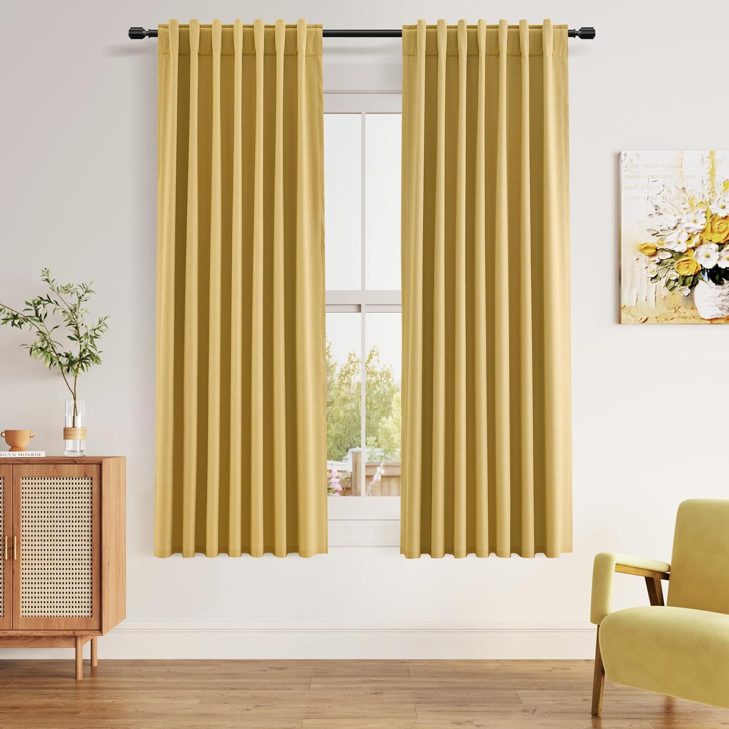 Guken 100% Blackout Curtains 63 Inch Length 2 Panels Set for Living Room Bedroom Back Tab Thermal Insulated Black Out Linen Drapes Room Dar…